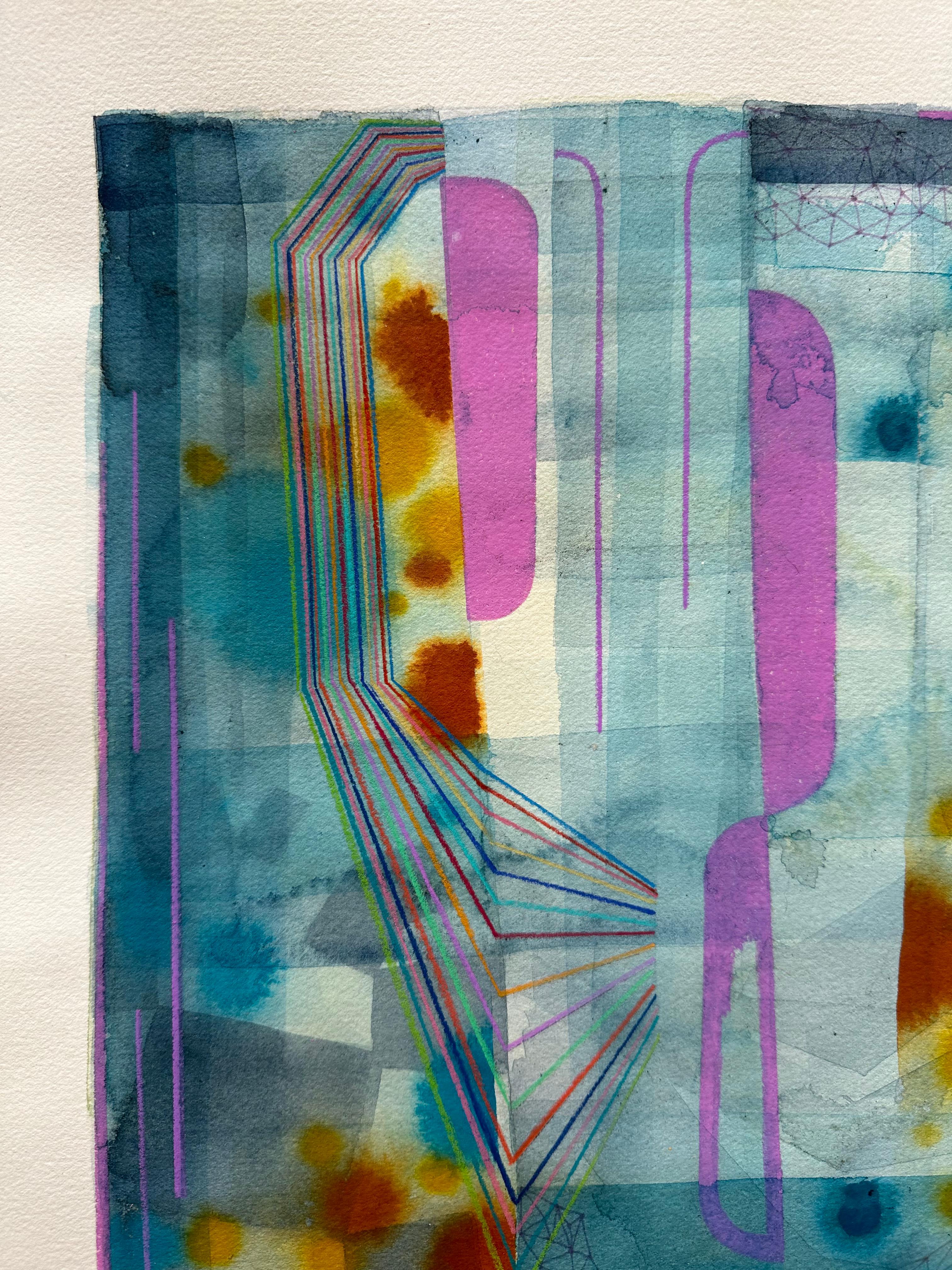 Senza titolo 592 - Modelli astratti geometrici Acquerello Blu Lilla Viola Ocra - Art Contemporaneo di Gabe Brown