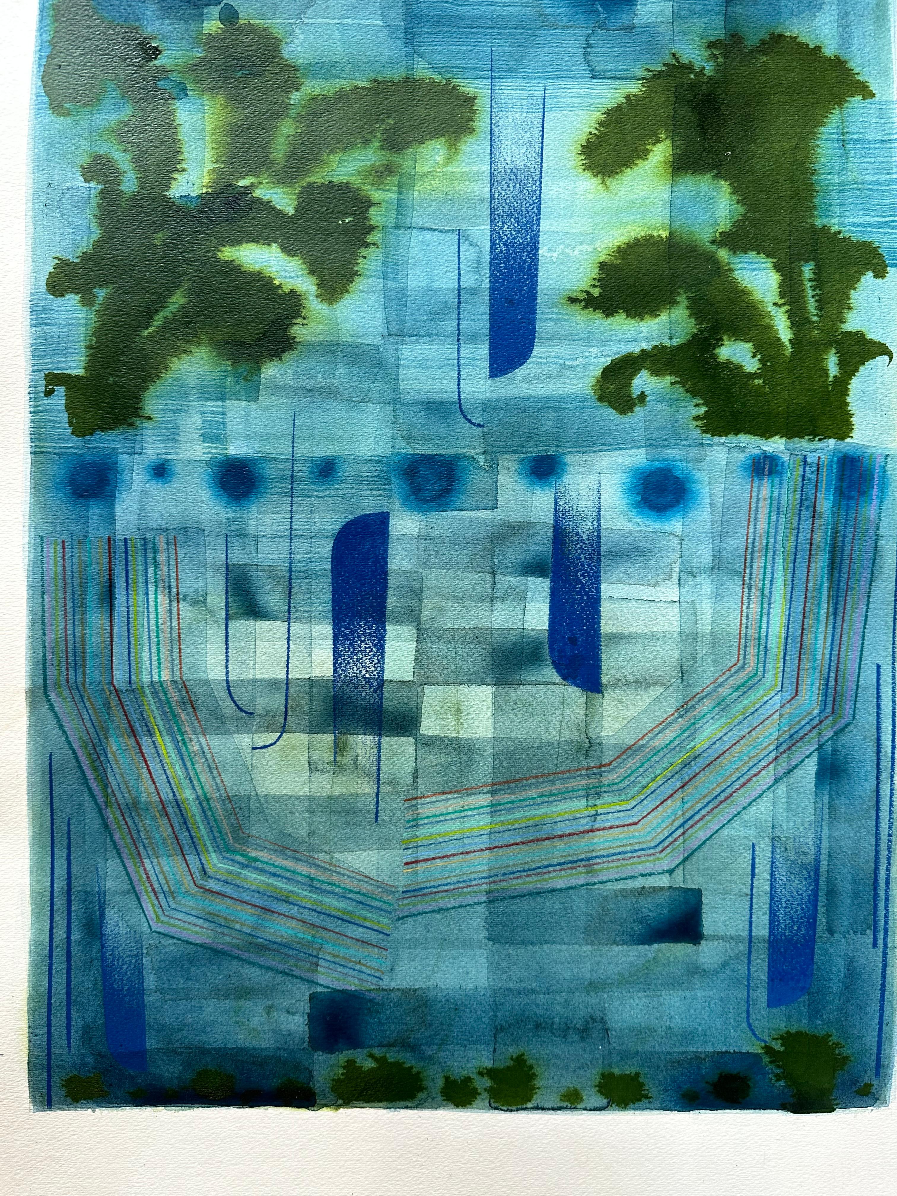 In questo quadro astratto contemporaneo realizzato con acquerello e matita colorata su carta, motivi accuratamente ordinati, forme geometriche e linee delicate in indaco, blu lapis e verde oliva completano uno sfondo blu acqua. Firmato sul