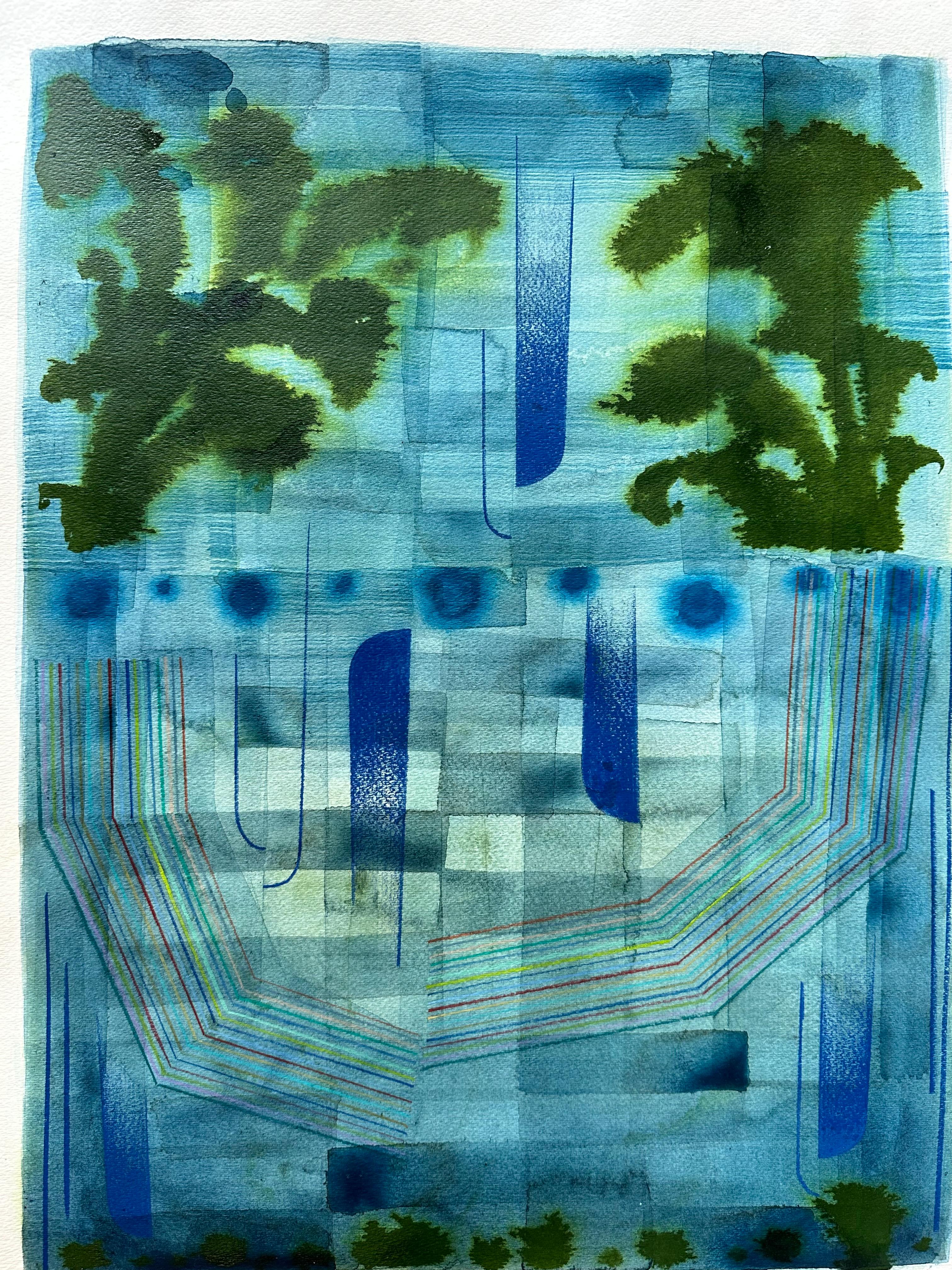 Senza titolo 606 - Paesaggio astratto con motivi blu scuro e verde oliva, 2021 in vendita 1