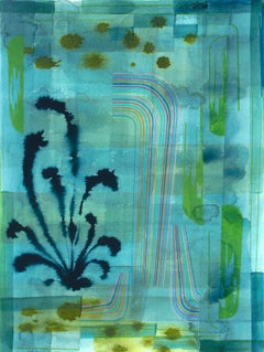 Aquarelle sans titre 615 - Paysage abstrait d'olivier, vert, bleu et sarcelle, 2021