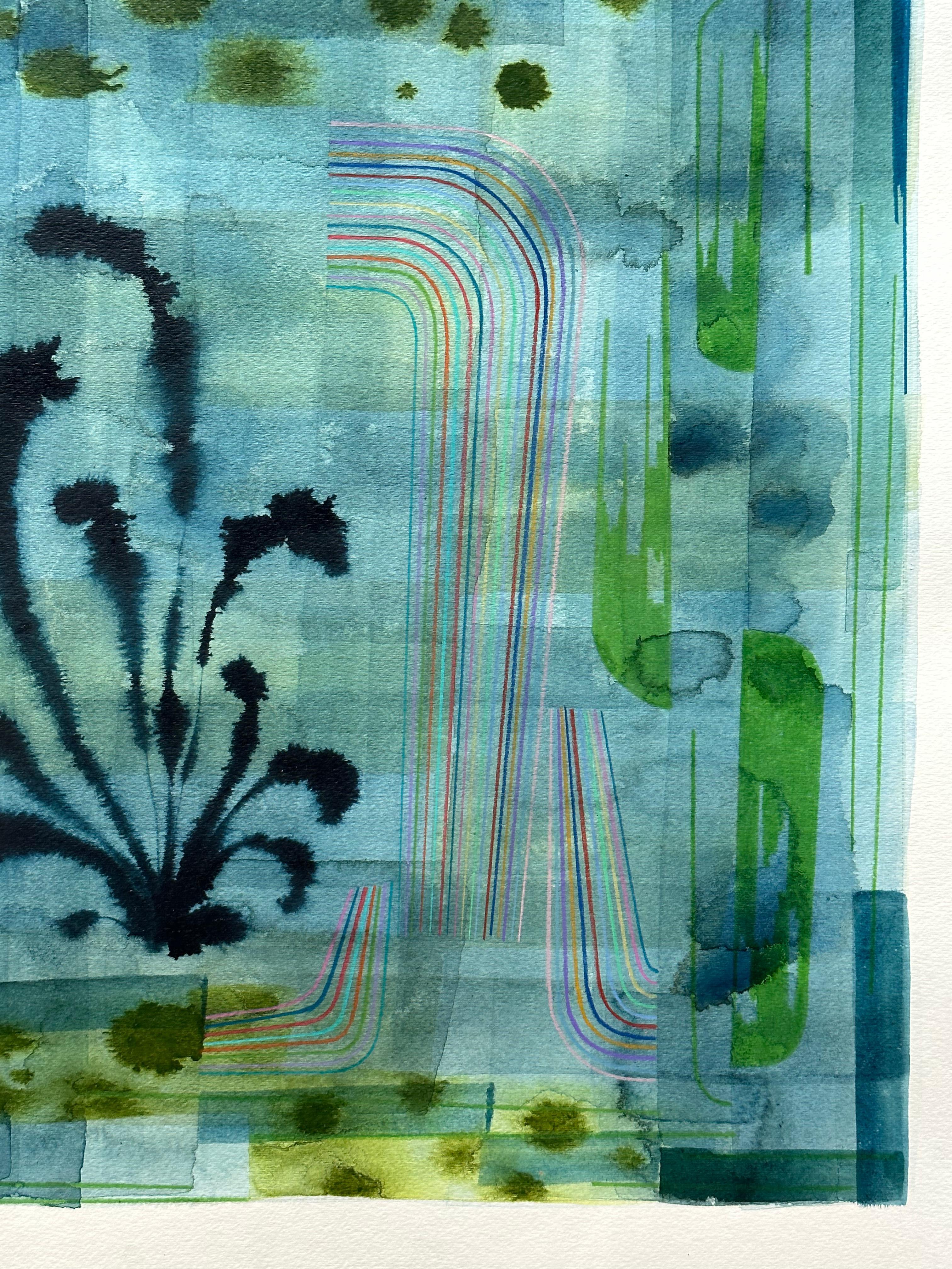 Untitled 615 - Teal Olive Grass Green Blue Abstract Watercolor Landscape, 2021 - Contemporary Art by Gabe Brown