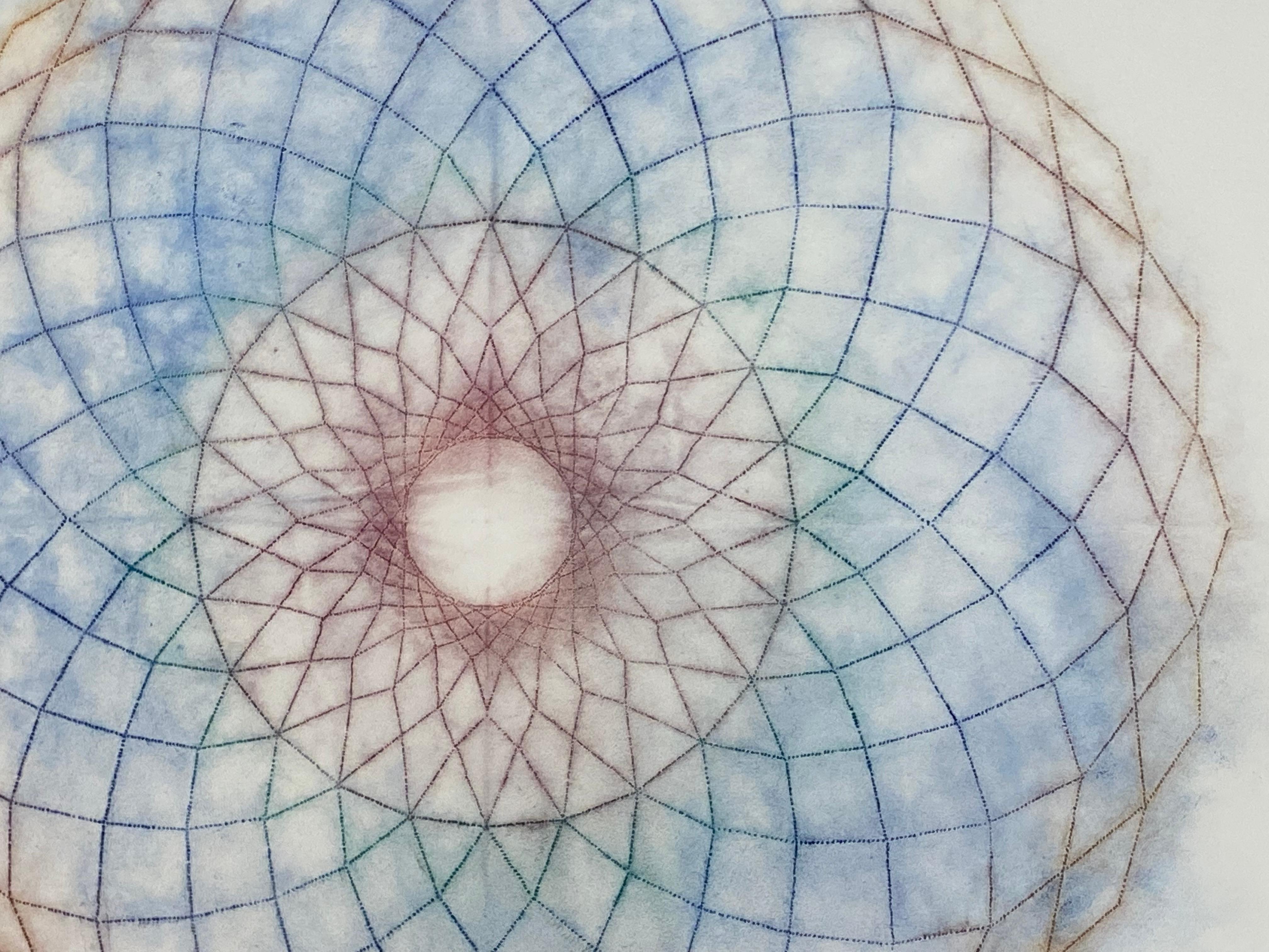 Primavera Pop 16 - Geometric Abstrac Mandala Navy Blue Green Dark Red Lines, 202 - Gray Abstract Drawing by Mary Judge