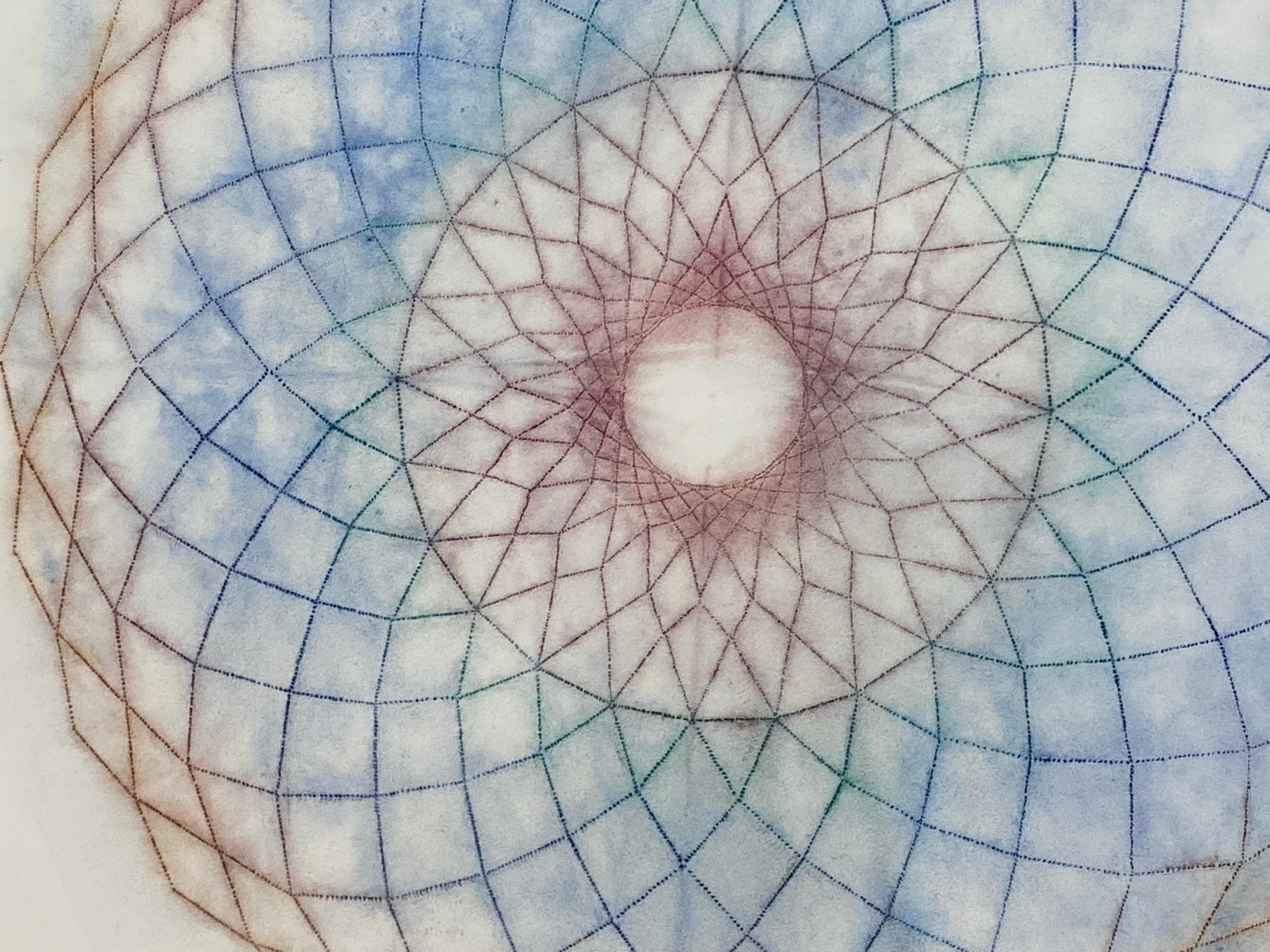 This contemporary multicolored drawing has a beautiful, soft mottled texture created with Judge's unique powered pigment technique. Primavera Pop 16 is a navy blue, dark green, red and dark orange geometric flower mandala shape in delicate lines