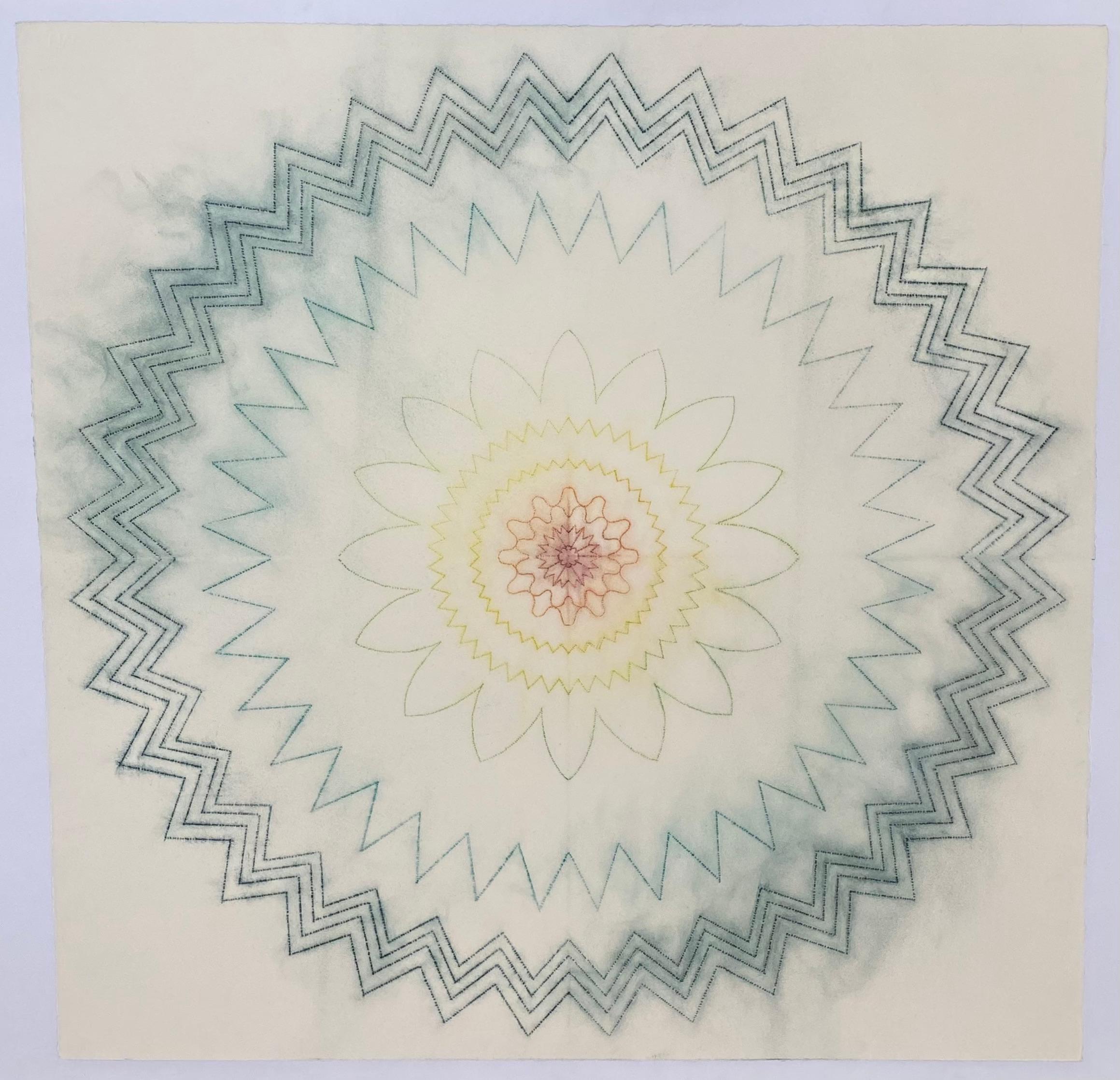 Primavera Pop 17 - Geometrisches Mandala Grün-Orange-Gelb-Rot-Linien, 2022 – Art von Mary Judge