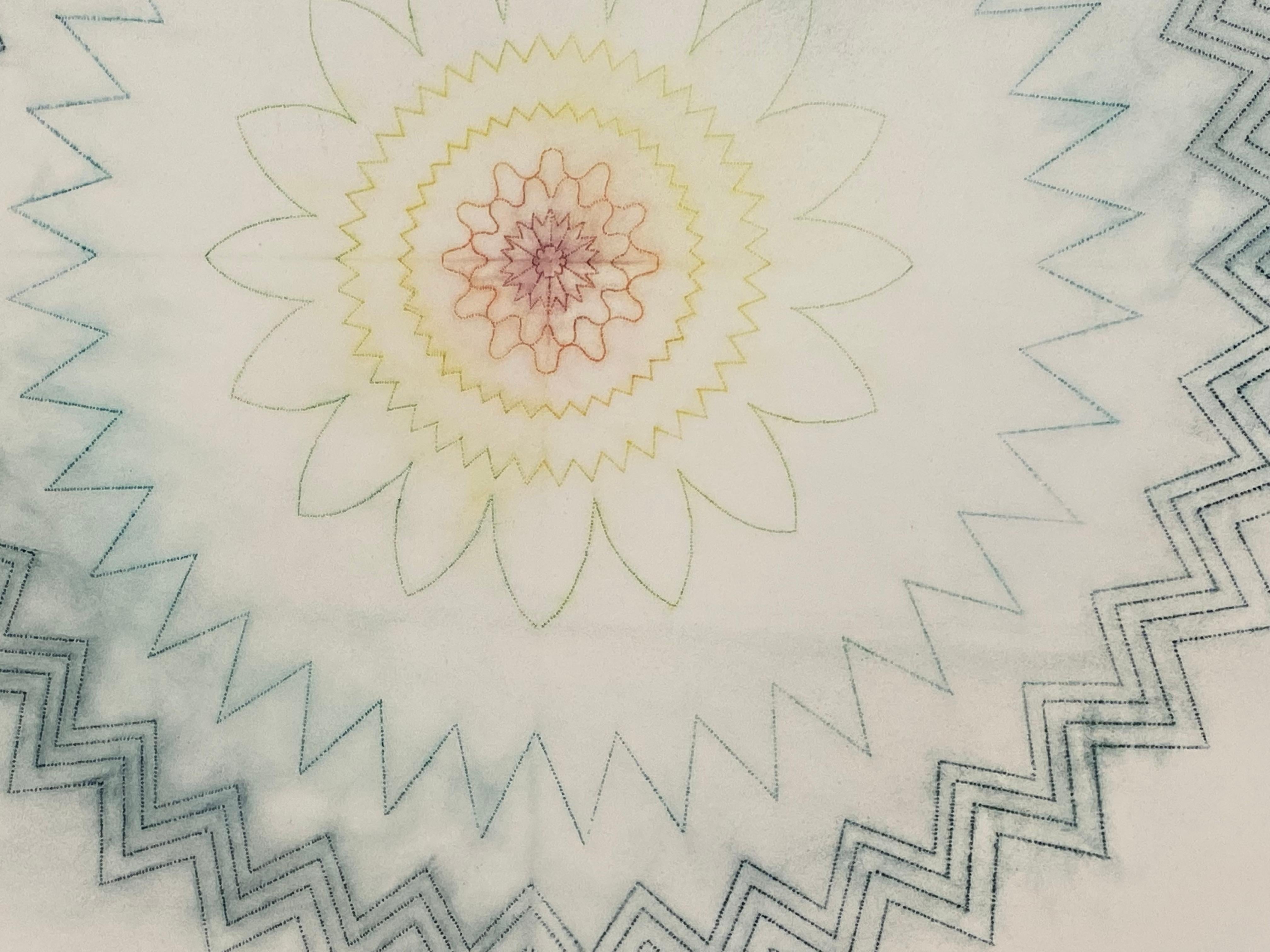 Primavera Pop 17 - Geometrisches Mandala Grün-Orange-Gelb-Rot-Linien, 2022 (Zeitgenössisch), Art, von Mary Judge