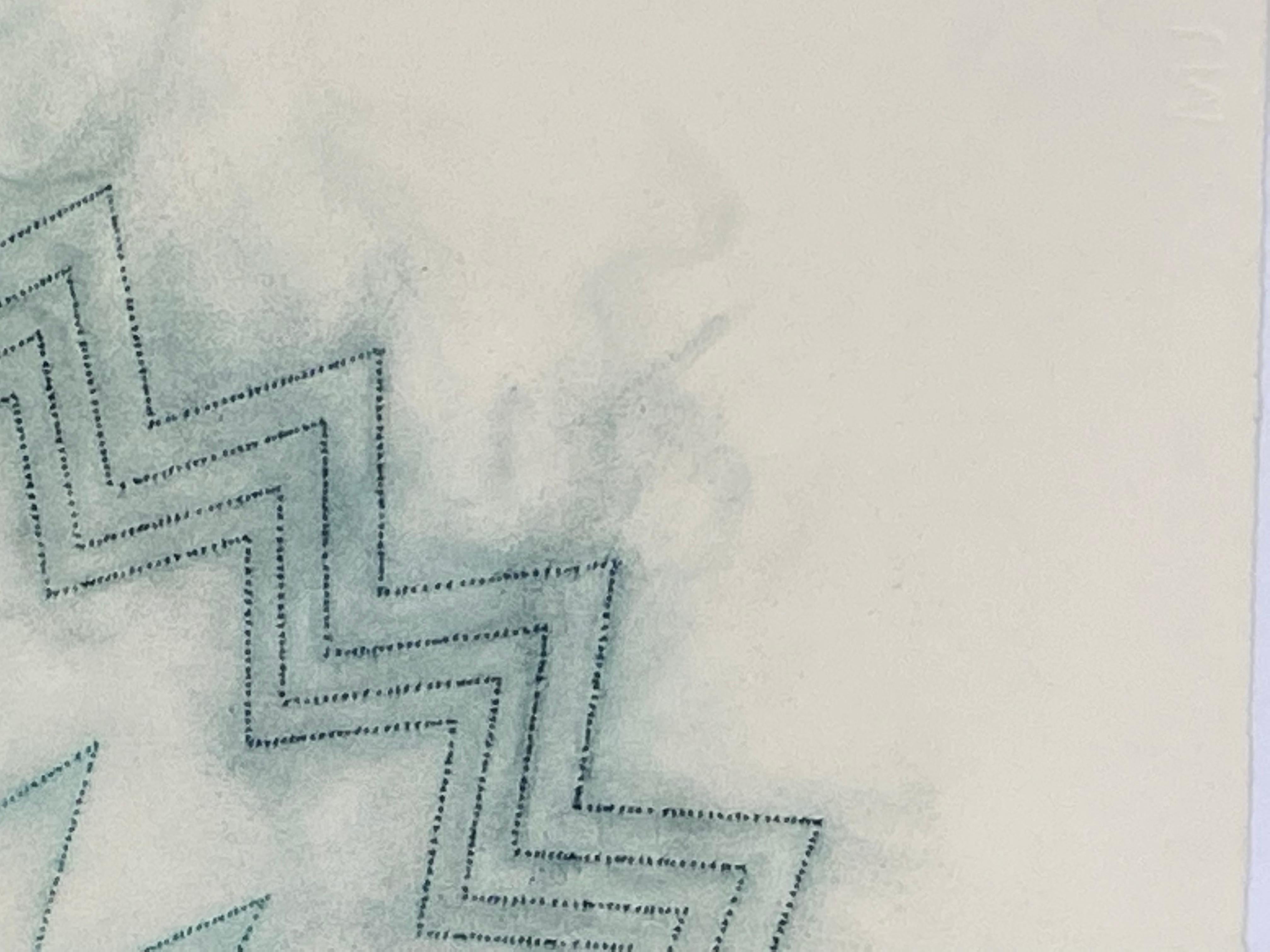 Primavera Pop 17 - Geometrisches Mandala Grün-Orange-Gelb-Rot-Linien, 2022 (Grau), Abstract Drawing, von Mary Judge