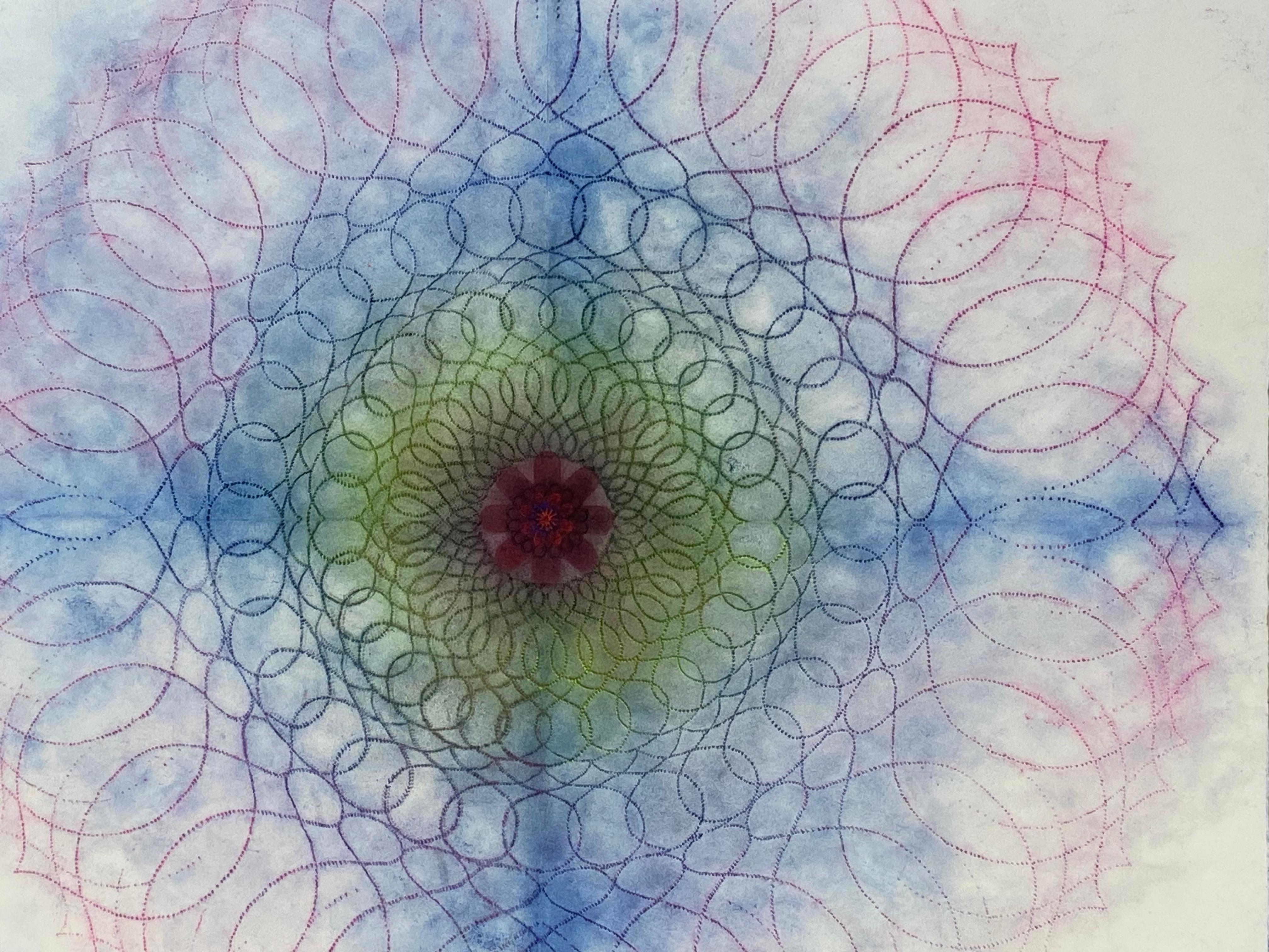 Primavera Pop 31 – Geometrische Mandala-Blumen Mandala in Blau, Rosa, Grün, Grün und Rot mit roten Linien, 2022 – Art von Mary Judge