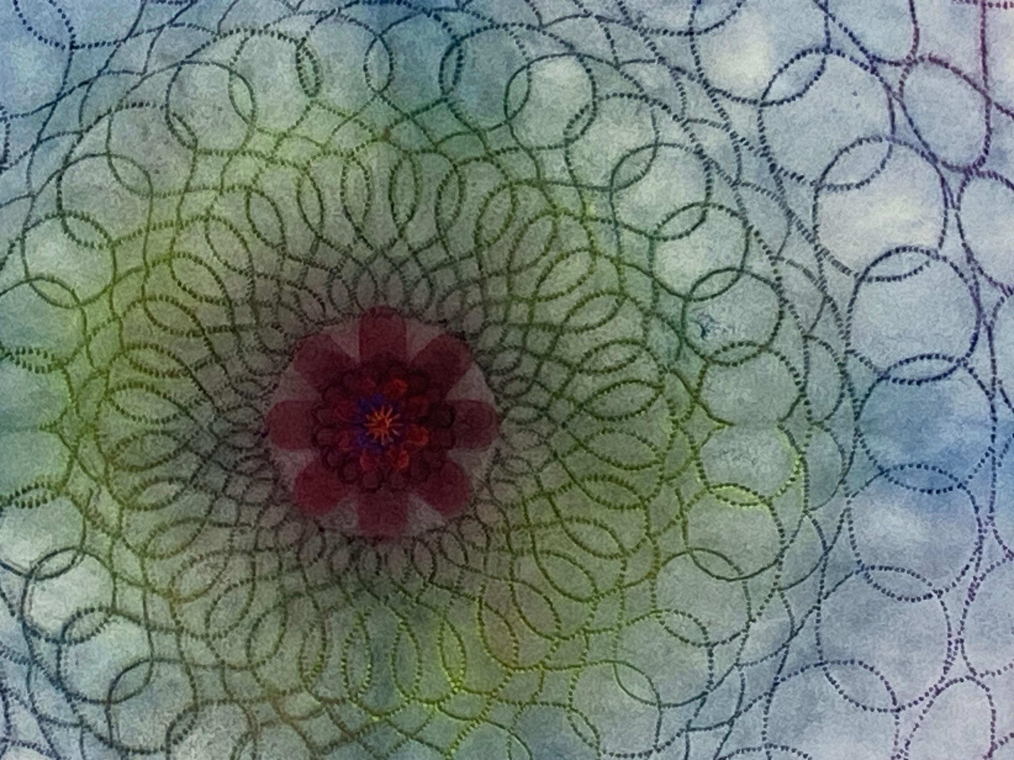 Primavera Pop 31 – Geometrische Mandala-Blumen Mandala in Blau, Rosa, Grün, Grün und Rot mit roten Linien, 2022 (Zeitgenössisch), Art, von Mary Judge