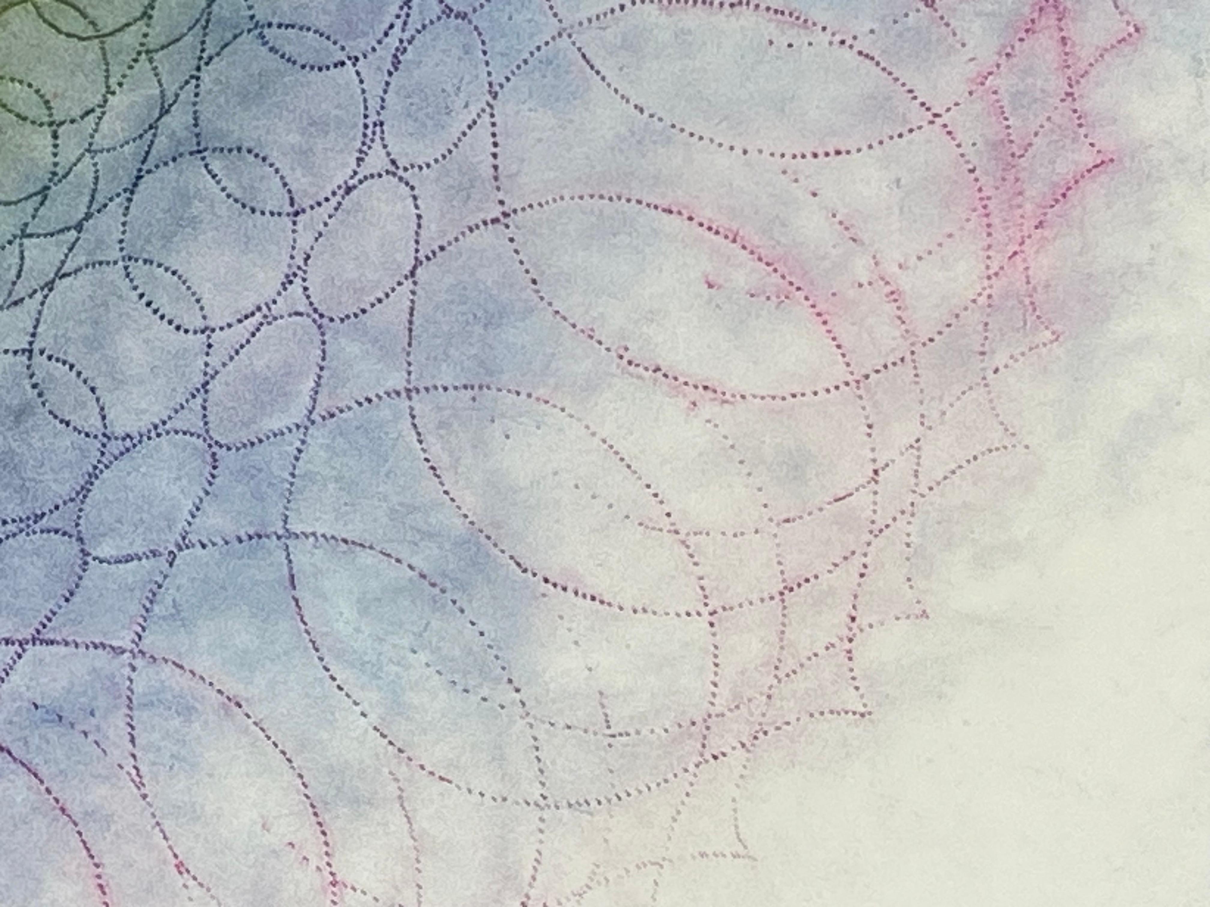 Primavera Pop 31 – Geometrische Mandala-Blumen Mandala in Blau, Rosa, Grün, Grün und Rot mit roten Linien, 2022 (Grau), Abstract Drawing, von Mary Judge