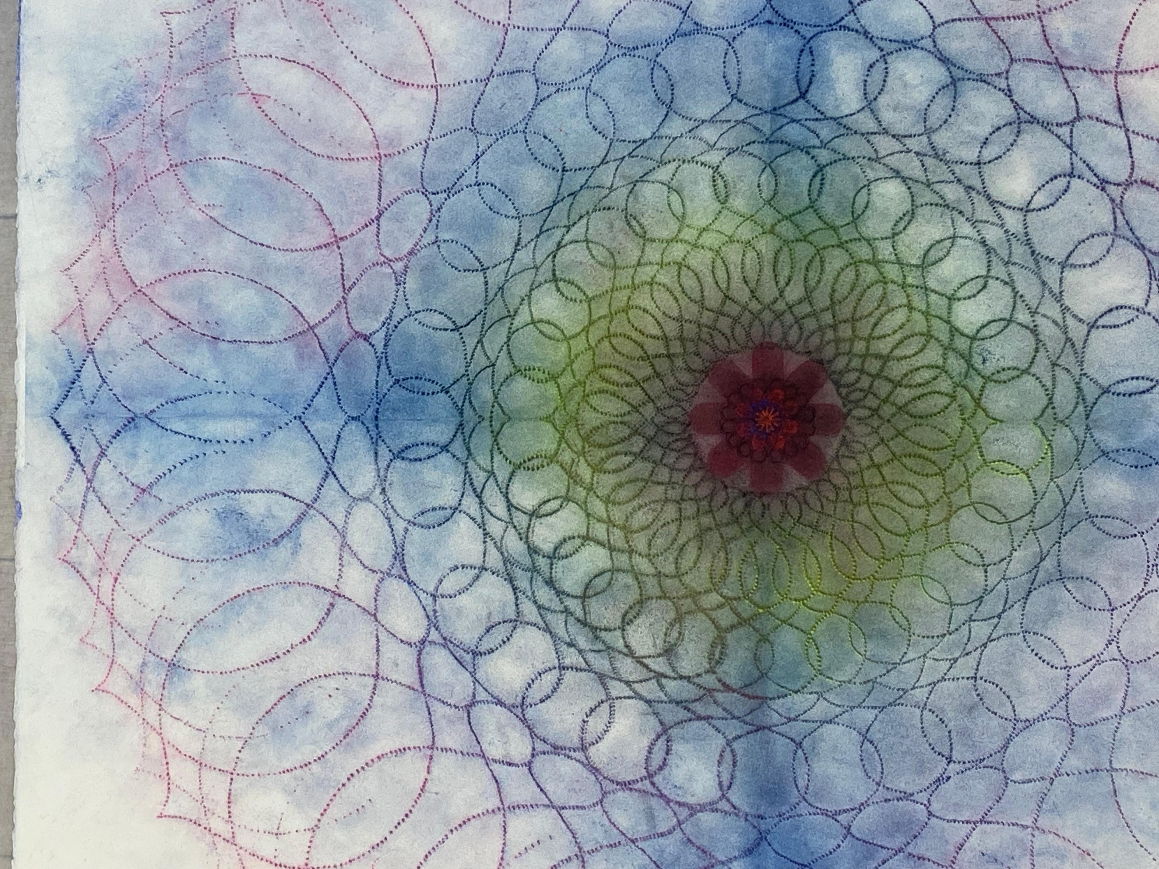 Primavera Pop 31 – Geometrische Mandala-Blumen Mandala in Blau, Rosa, Grün, Grün und Rot mit roten Linien, 2022 im Angebot 1