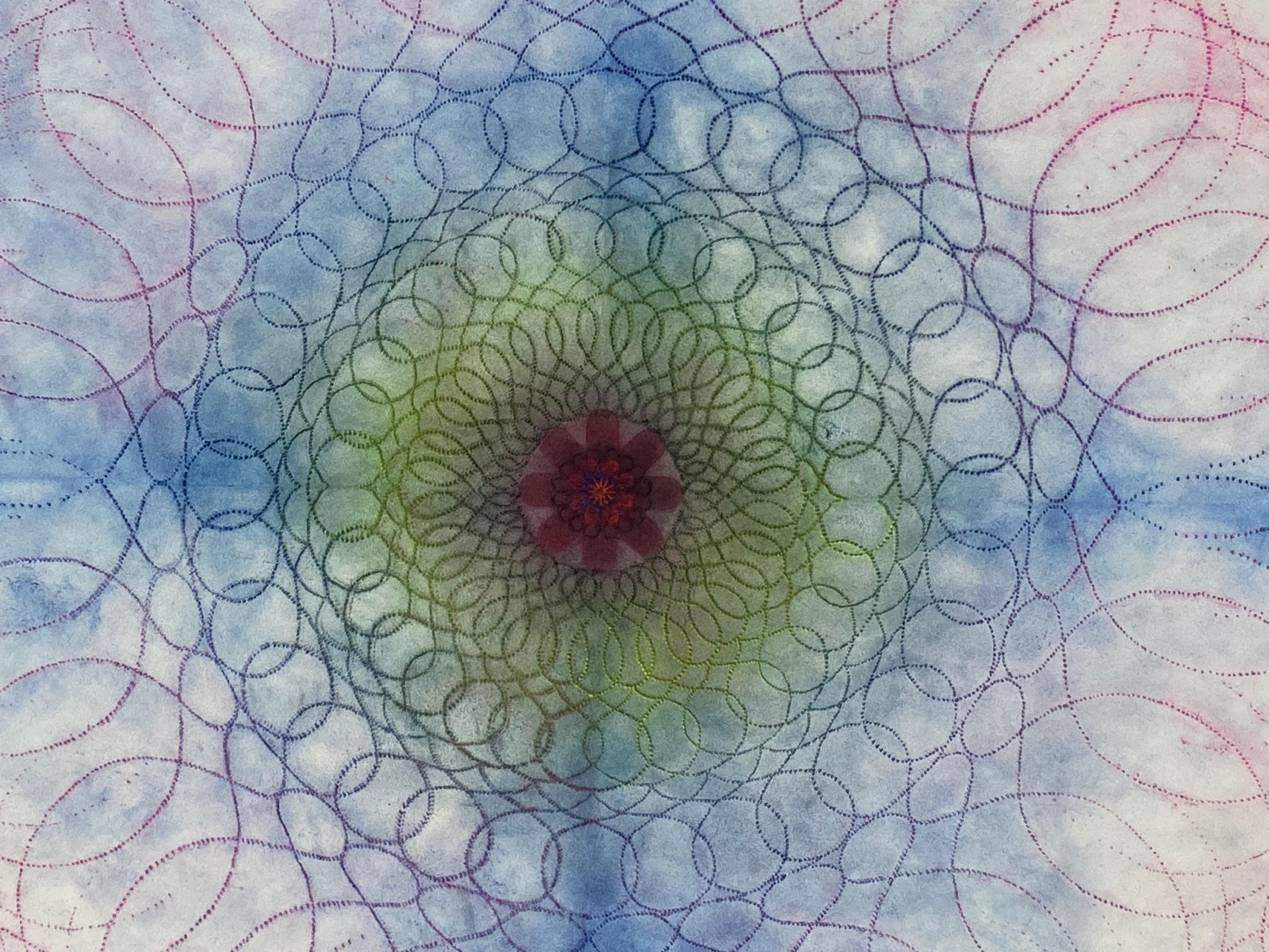Primavera Pop 31 – Geometrische Mandala-Blumen Mandala in Blau, Rosa, Grün, Grün und Rot mit roten Linien, 2022 im Angebot 2