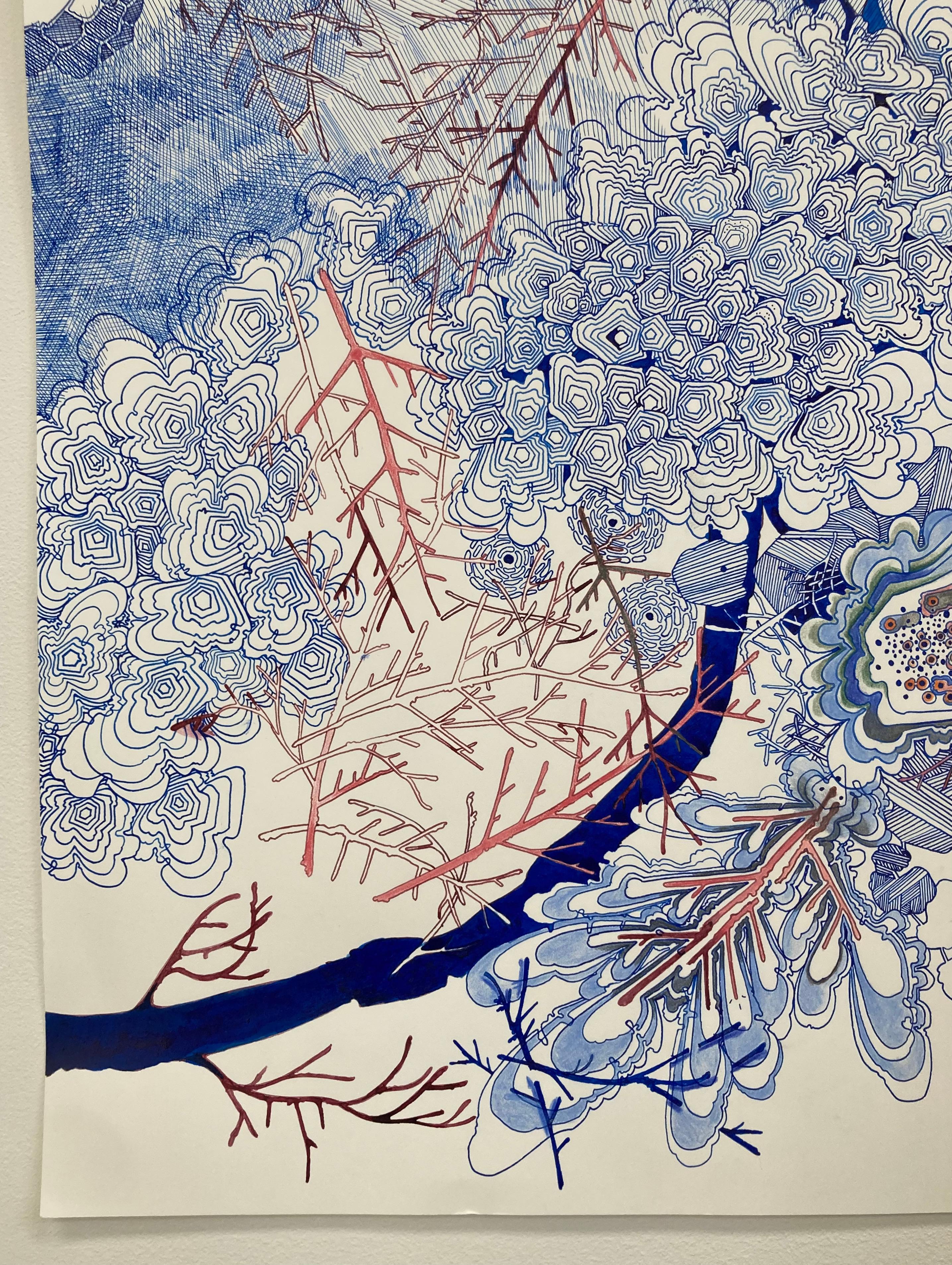 Pink Twigs Side Escape - Dots Line Pattern Drawing Snowflake Branches, 2021 - Contemporary Art by Sarah Morejohn