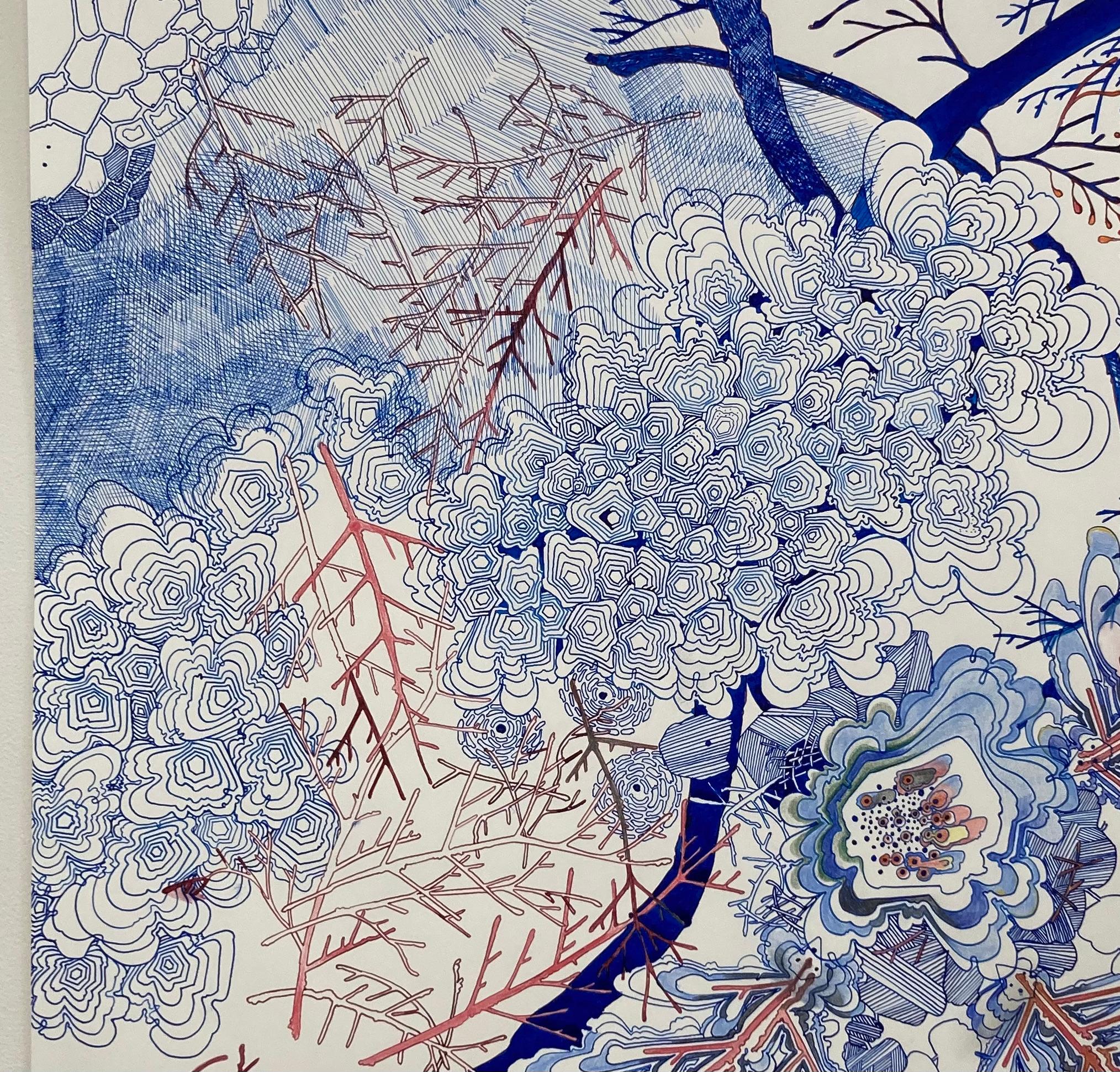 Pink Twigs Side Escape - Dots Line Pattern Drawing Snowflake Branches, 2021 - Blue Abstract Drawing by Sarah Morejohn