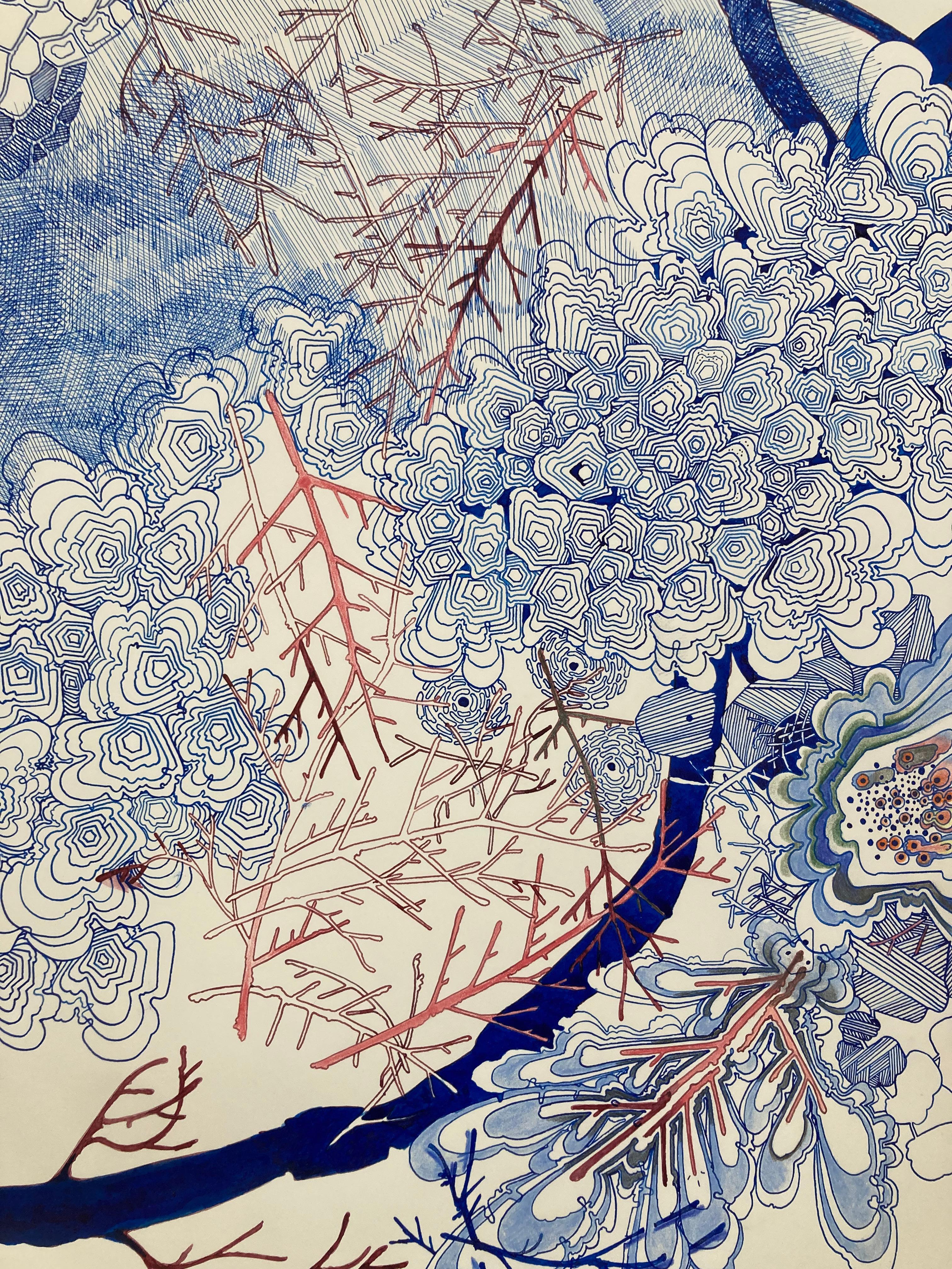 In carefully drawn dots and lines in soft shades of indigo blue with pink, green, yellow and dark red details, this intricate composition is inspired by patterns in nature. This contemporary drawing in ink, graphite and colored pencil on paper is