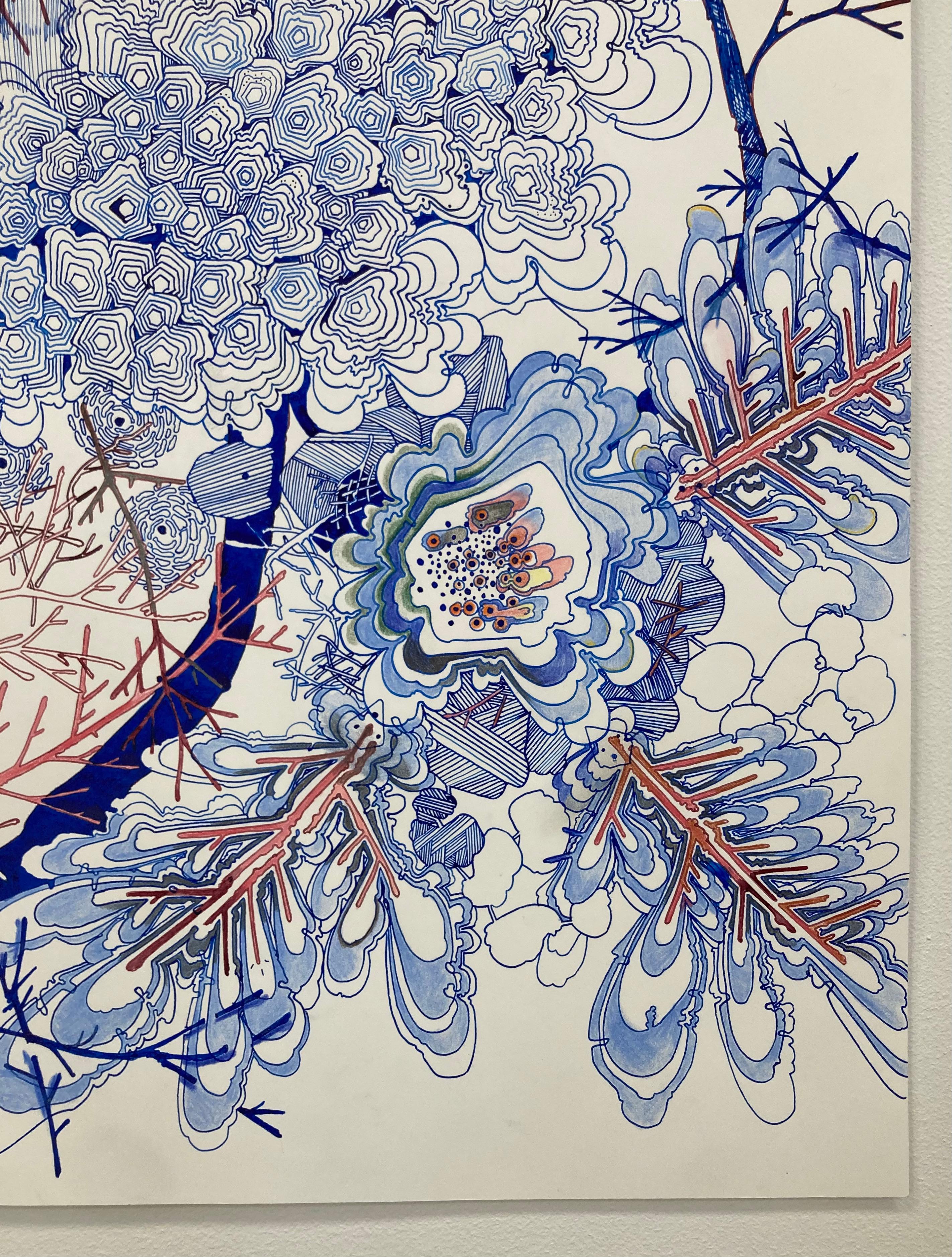 Pink Twigs Side Escape - Dots Line Pattern Drawing Snowflake Branches, 2021 For Sale 5