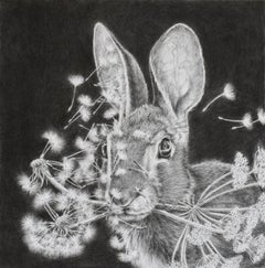 Multiply and Divide - Dandelions Gray White Rabbit on Black Drawing, 2023