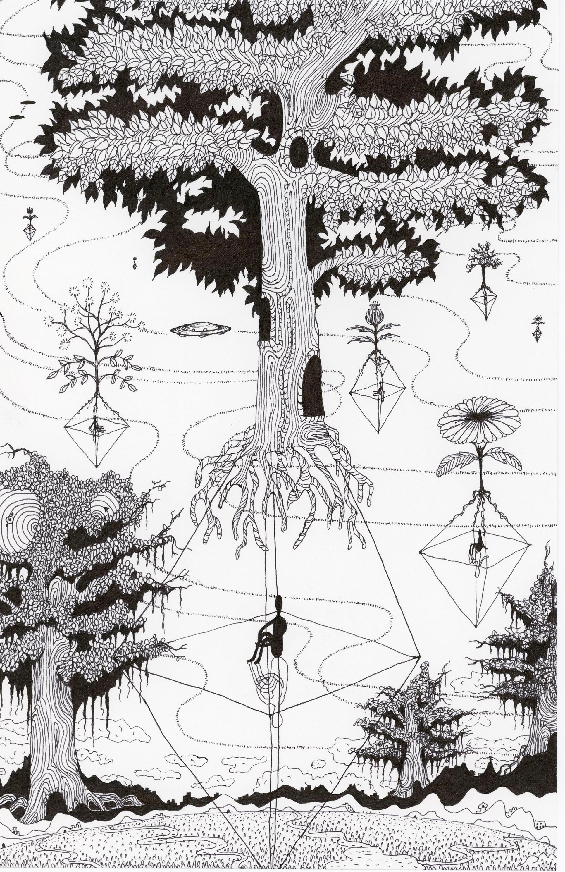Soul Flowers 26 My Axis - Tree Roots Figure Sunflower Noir et blanc, 2024