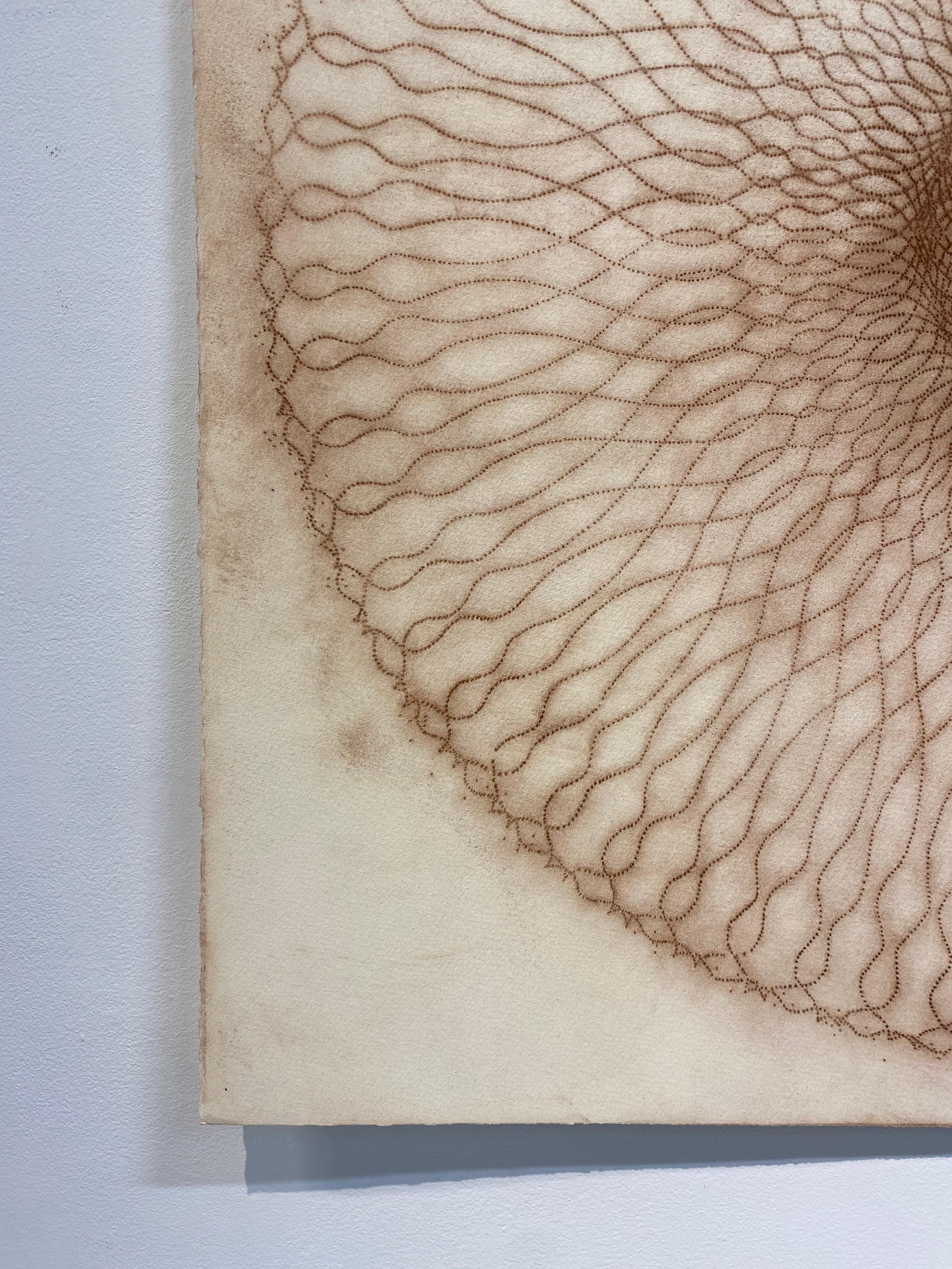 Exotic Hex Series 112 - Reddish Brown Circle Mandala Line Pigment Drawing, 2007 - Beige Abstract Drawing by Mary Judge
