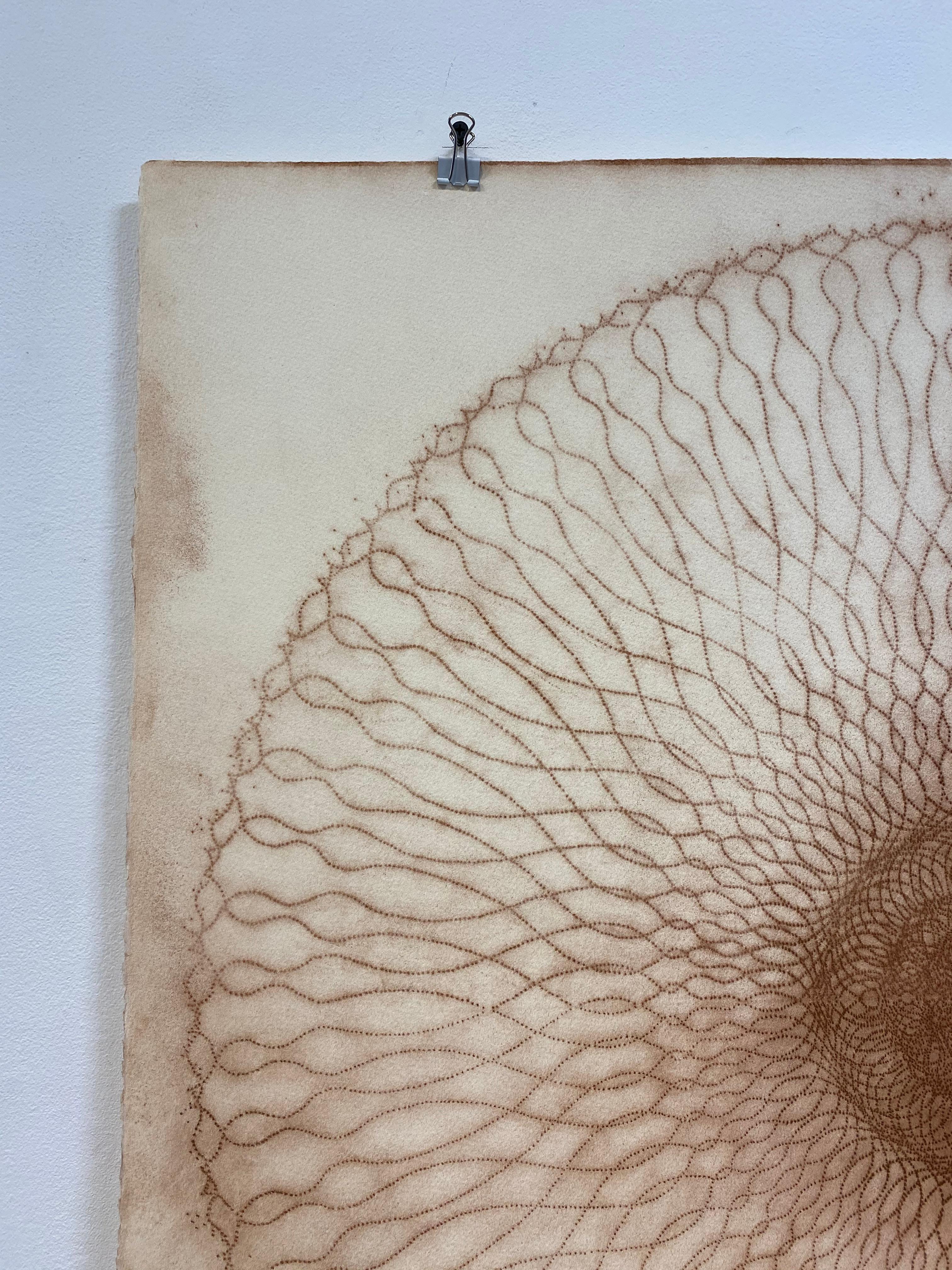 This contemporary reddish brown pigment drawing was made with a perforated stencil laid on ivory rag paper, pounced with a sack of powdered pigment. Pigment passes through leaving marks, patterns or dots that create an overall image. The version of