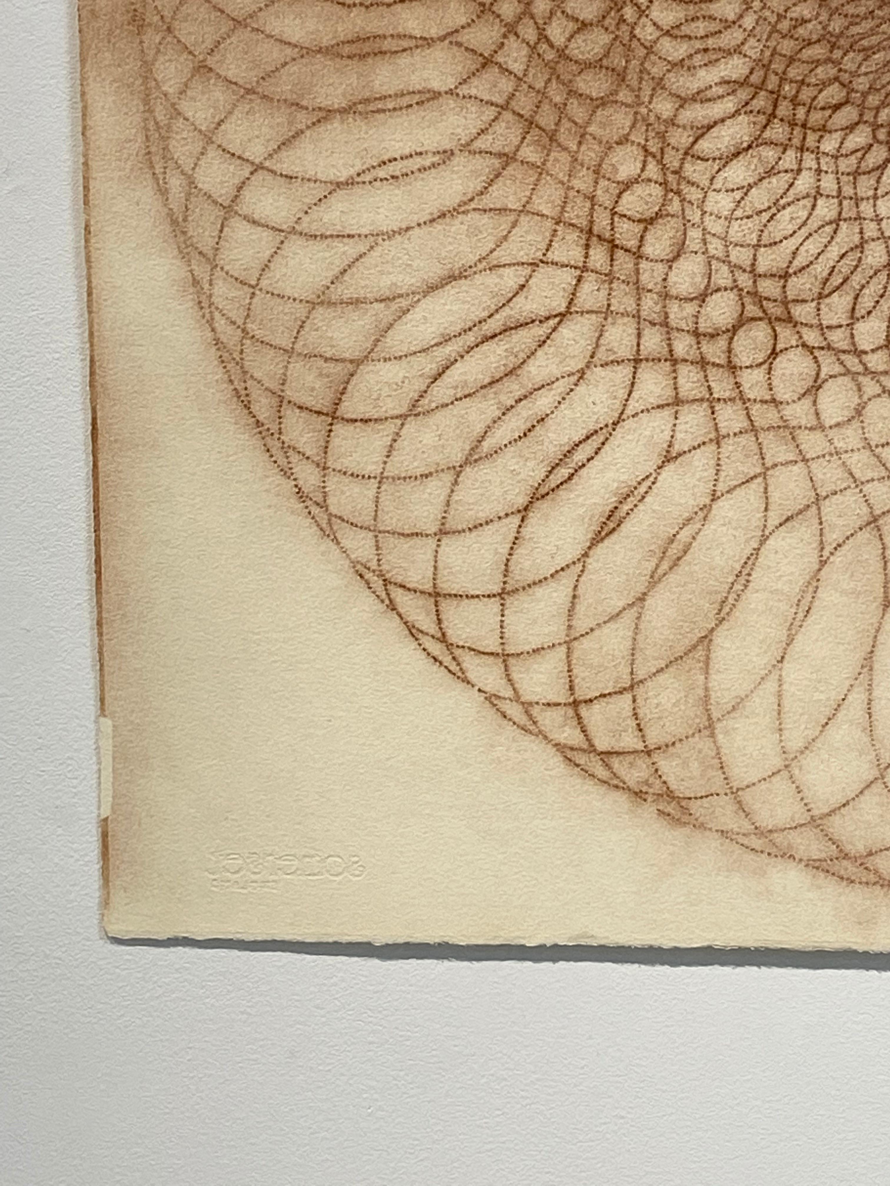 Exotic Hex Series 111 07 - Reddish Brown Circle Mandala Line Drawing, 2007 - Beige Abstract Drawing by Mary Judge