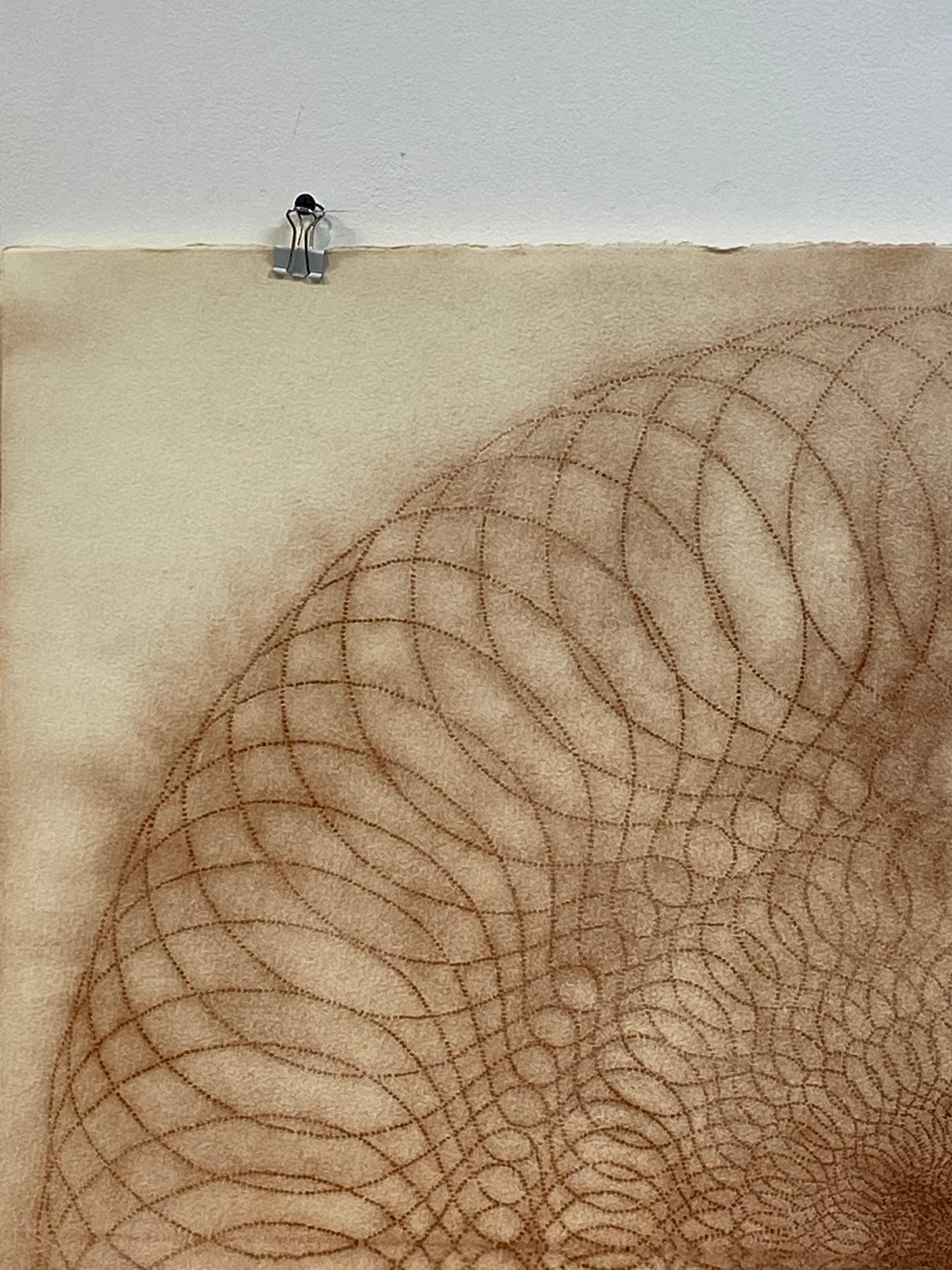 This contemporary reddish brown pigment drawing was made with a perforated stencil laid on ivory rag paper, pounced with a sack of powdered pigment. Pigment passes through leaving marks, patterns or dots that create an overall image. The version of