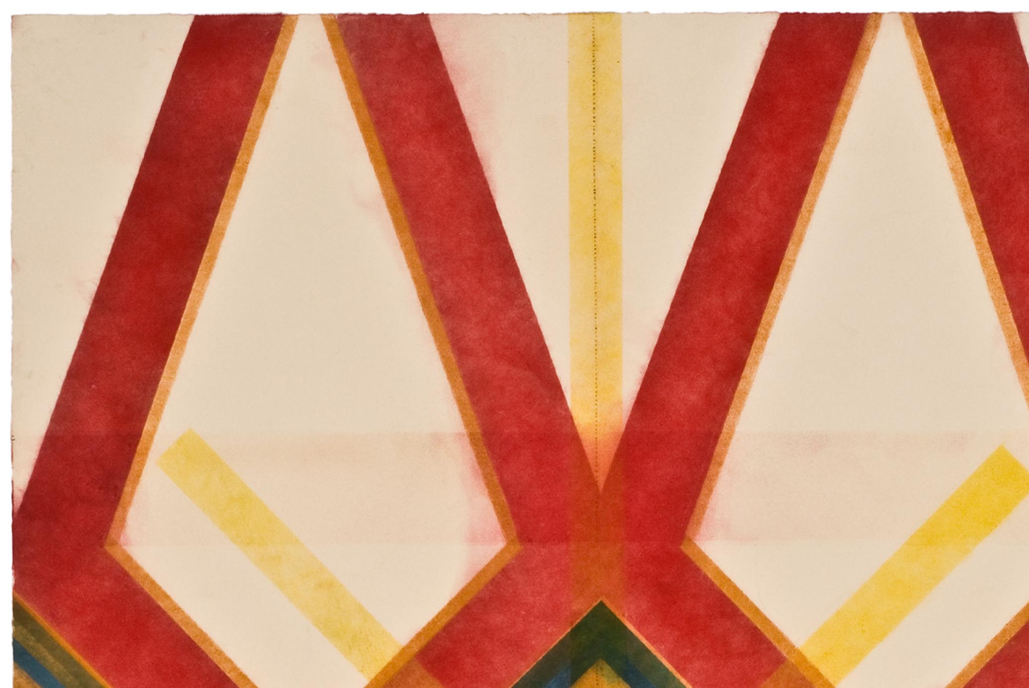 River and Steel Twins Five - Drawing géométrique audacieux rouge jaune orange vert 2012 - Art de Mary Judge
