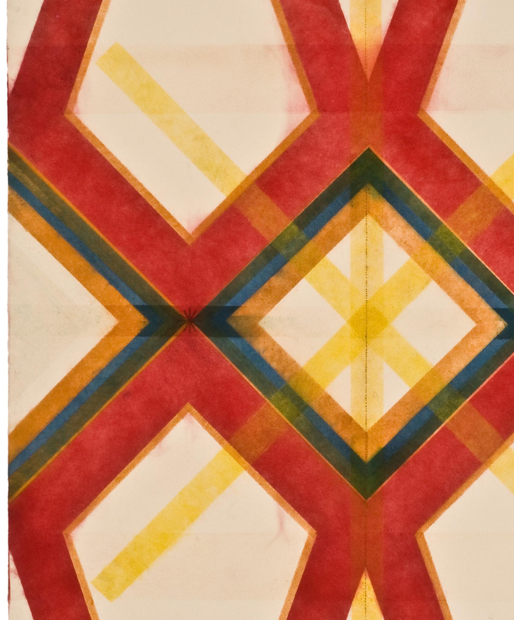River and Steel Twins Five - Drawing géométrique audacieux rouge jaune orange vert 2012 - Contemporain Art par Mary Judge