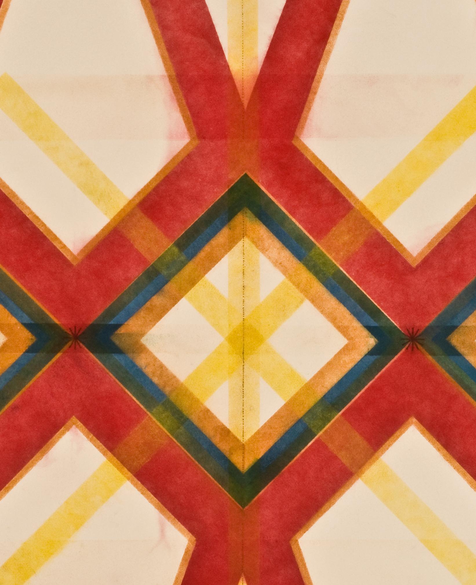 Ce dessin abstrait géométrique contemporain présente une belle texture douce et marbrée, créée avec la technique unique de Judge des pigments sous pression. La symétrie ordonnée des lignes diagonales superposées en rouge vif profondément pigmenté,