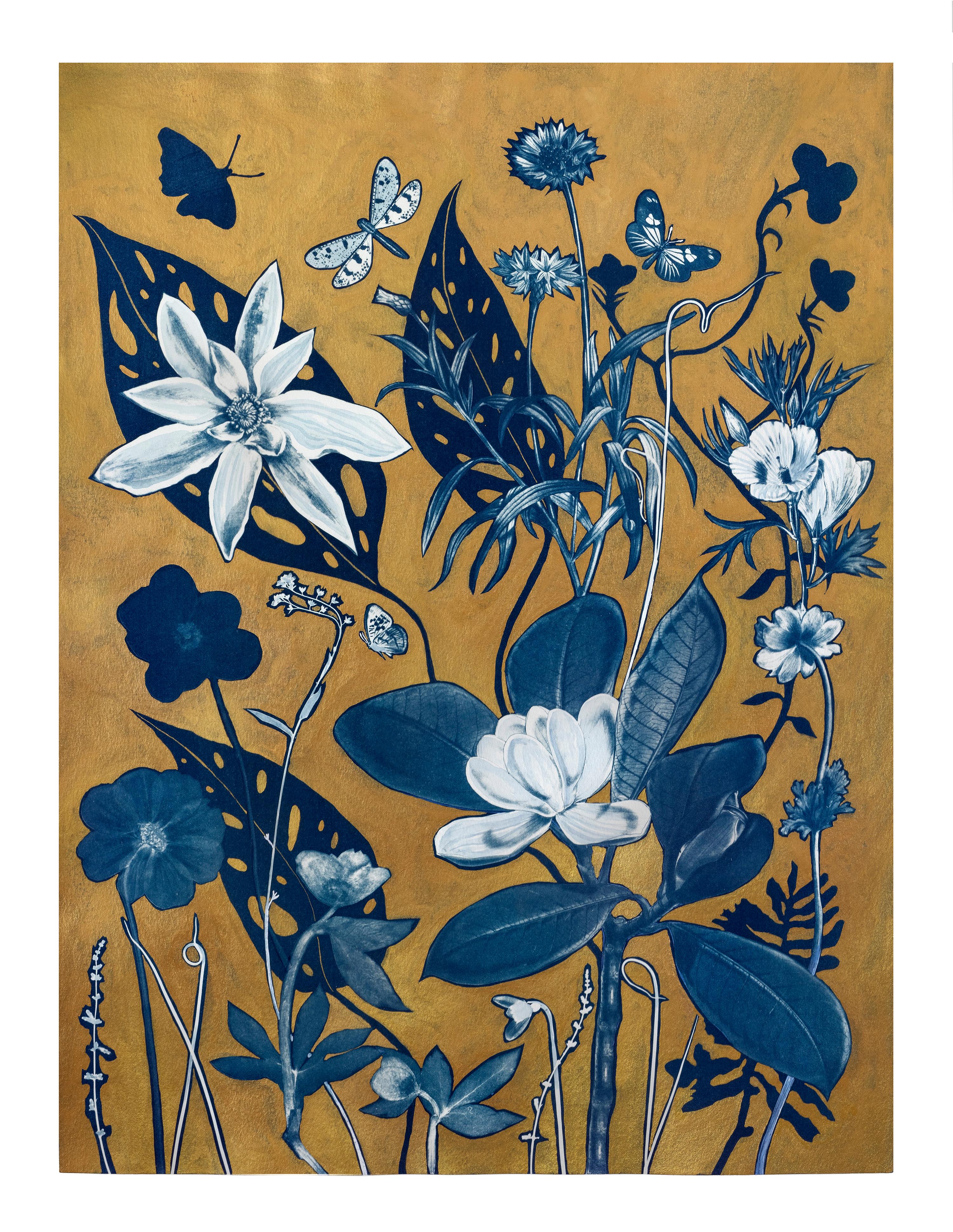 Flora d'oro Ombre di Magnolia - Pittura botanica metallizzata in cianotipia Fiori 2023