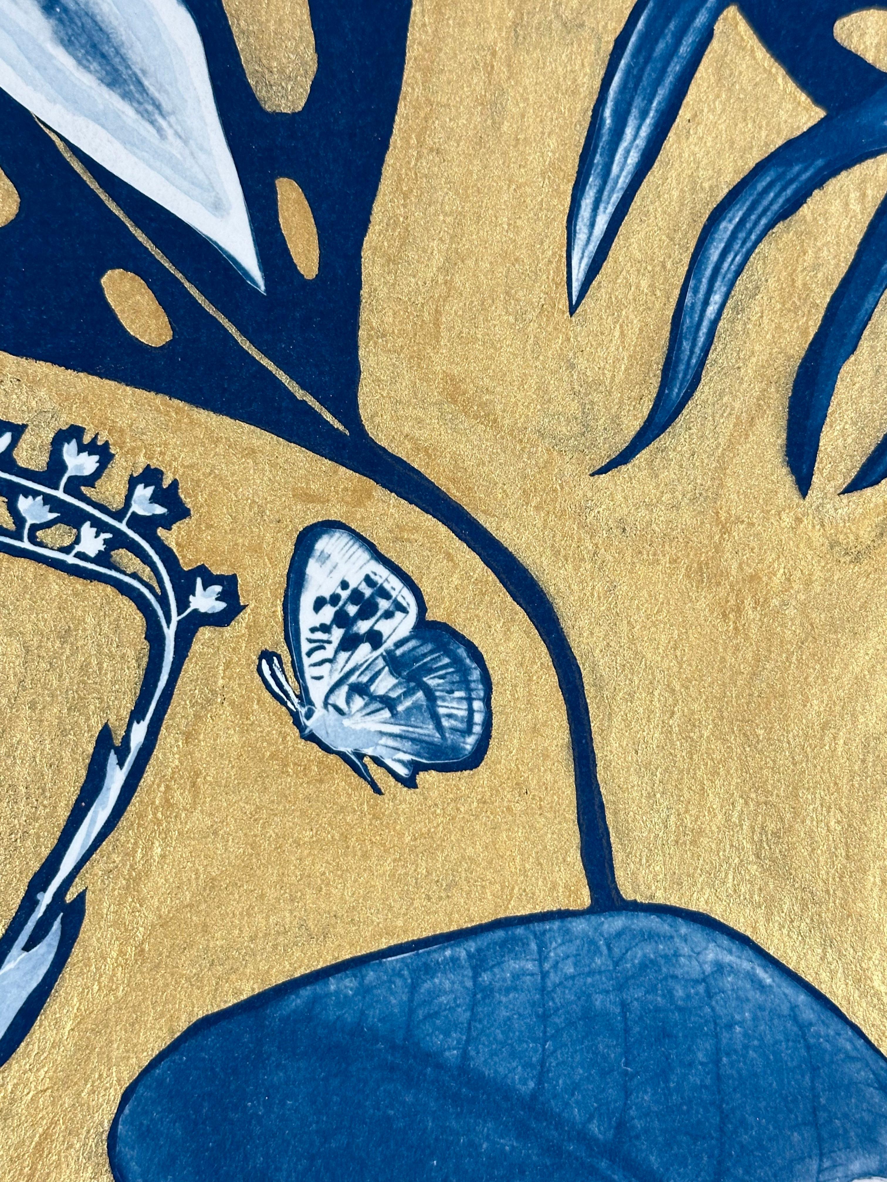 Flora d'oro Ombre di Magnolia - Pittura botanica metallizzata in cianotipia Fiori 2023 in vendita 5
