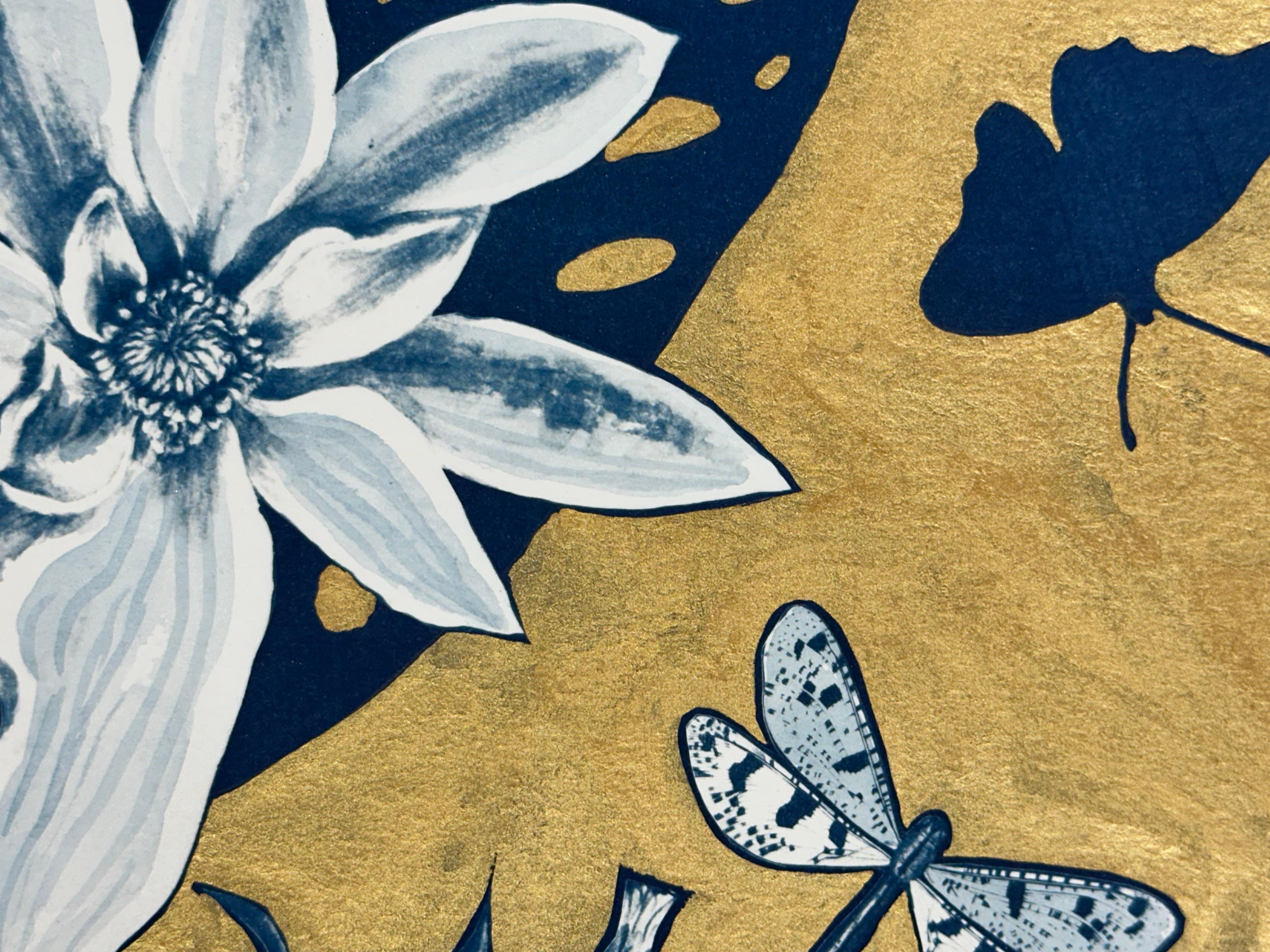 Flora d'oro Ombre di Magnolia - Pittura botanica metallizzata in cianotipia Fiori 2023 in vendita 6