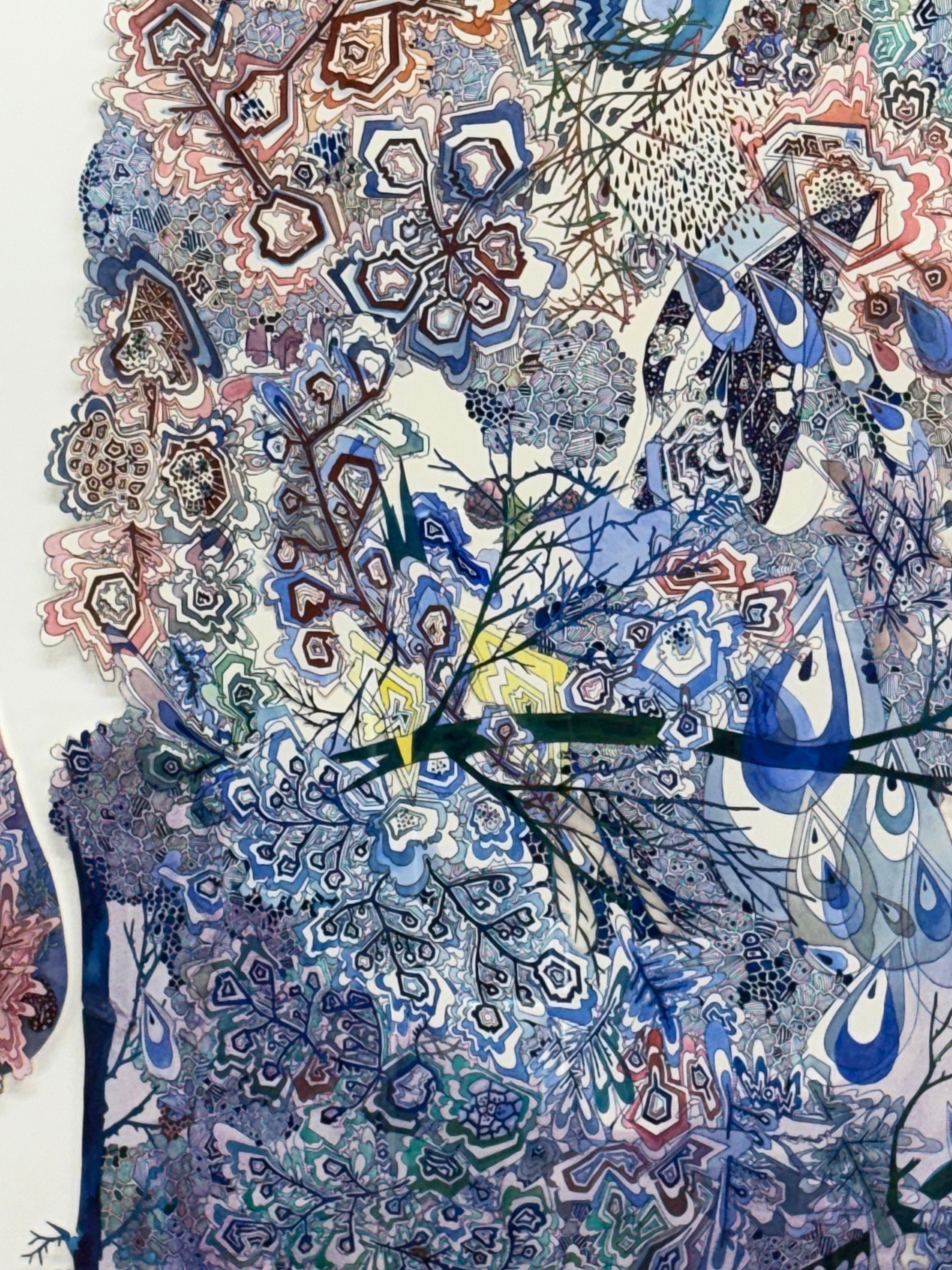 Wow Woah - Abstract Pattern Drawing Shaped Paper Blue Branches Droplets, 2024 - Gray Abstract Drawing by Sarah Morejohn