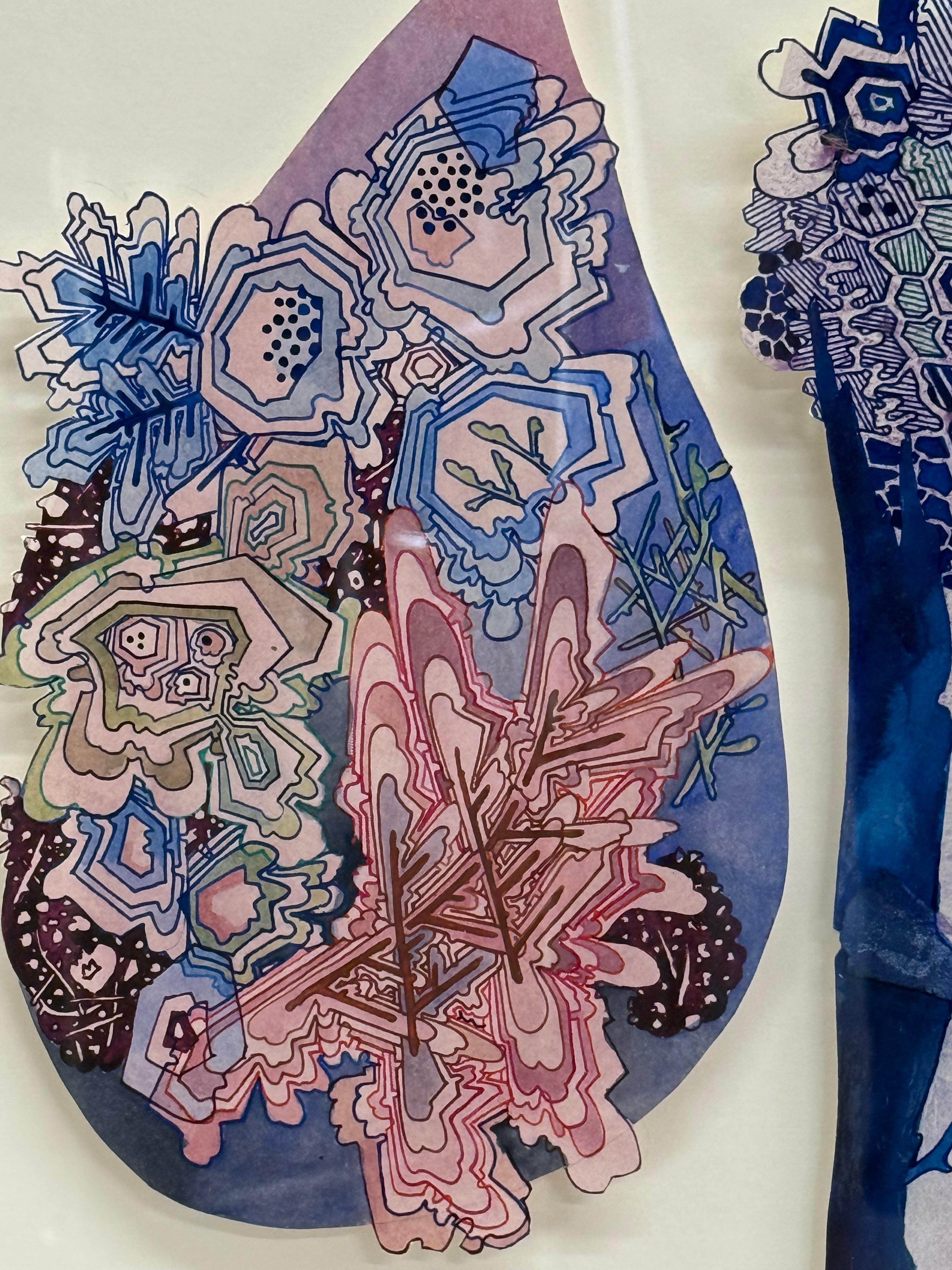 Wow Woah - Abstract Pattern Drawing Shaped Paper Blue Branches Droplets, 2024 For Sale 2