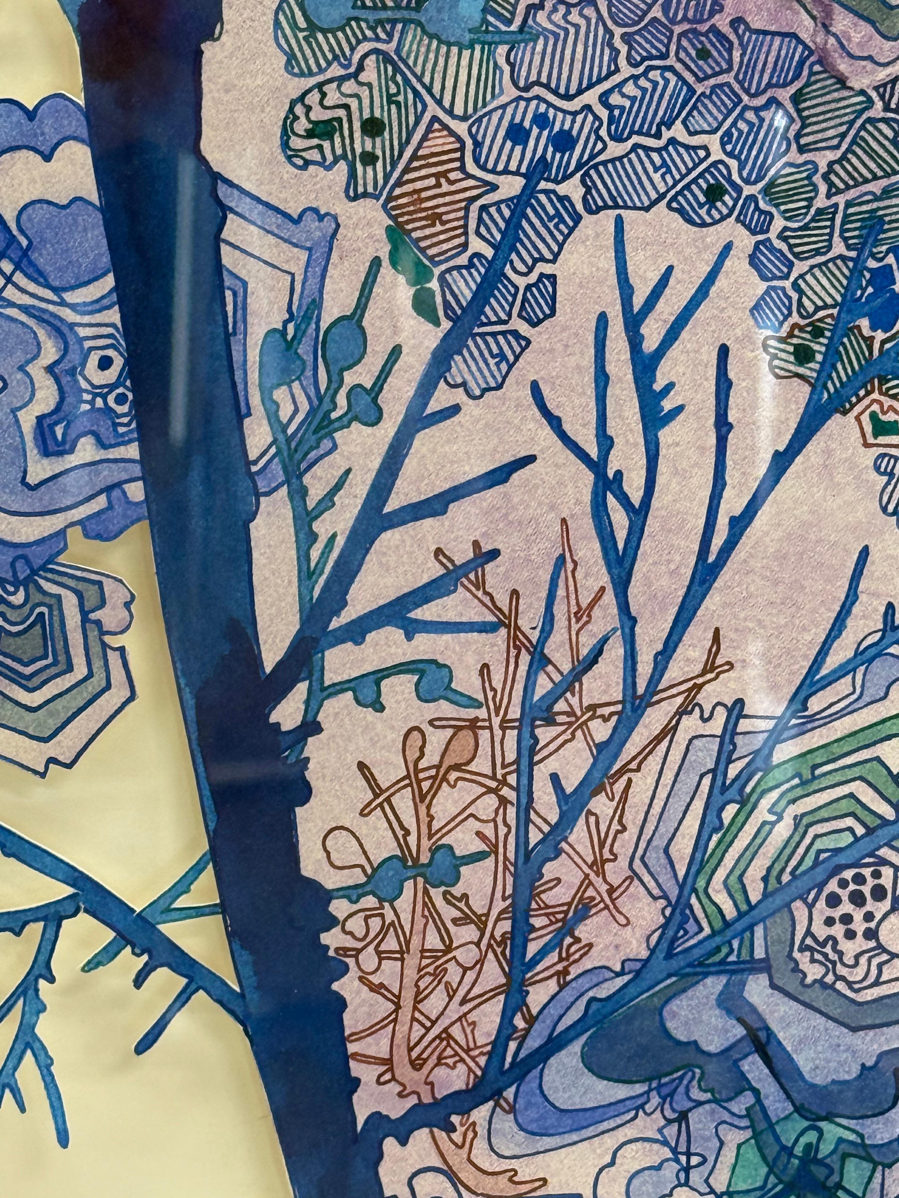 Wow Woah - Abstract Pattern Drawing Shaped Paper Blue Branches Droplets, 2024 For Sale 3