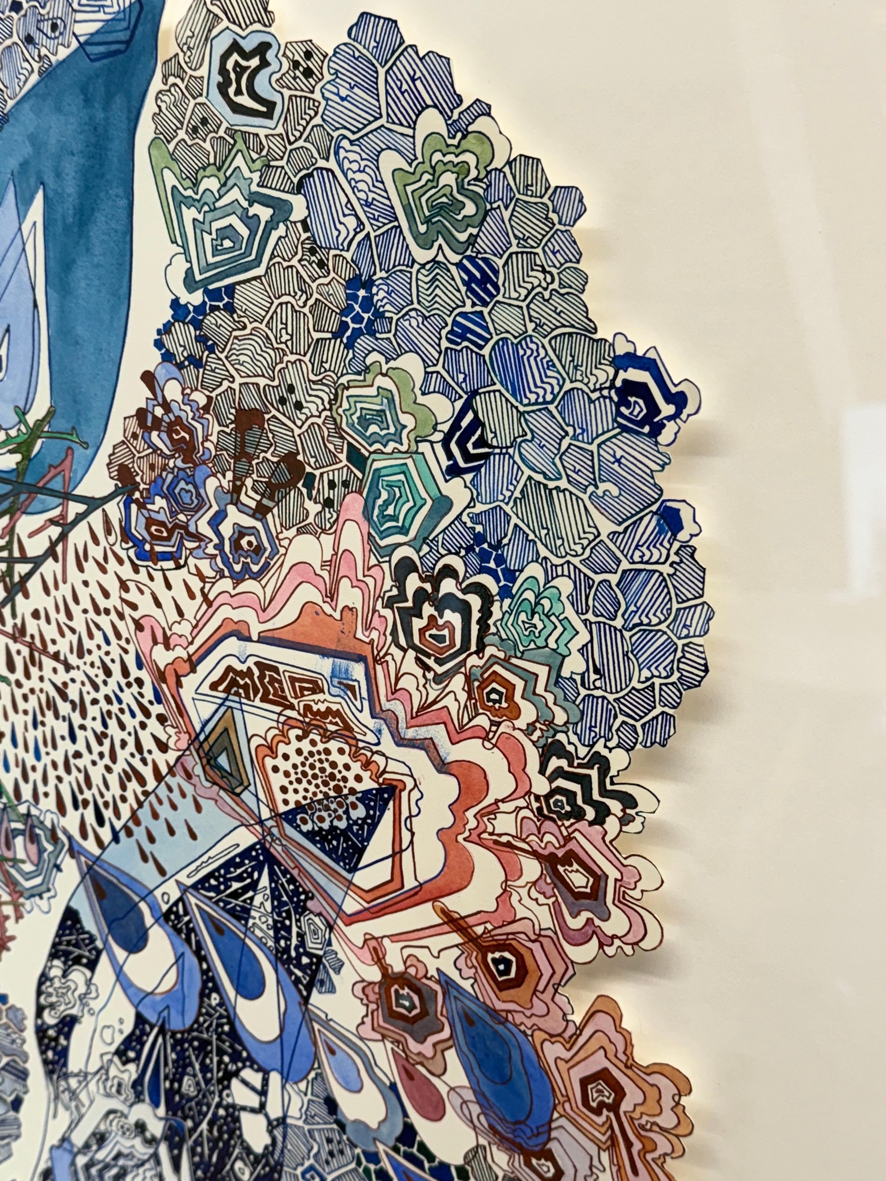 Wow Woah - Abstract Pattern Drawing Shaped Paper Blue Branches Droplets, 2024 For Sale 9