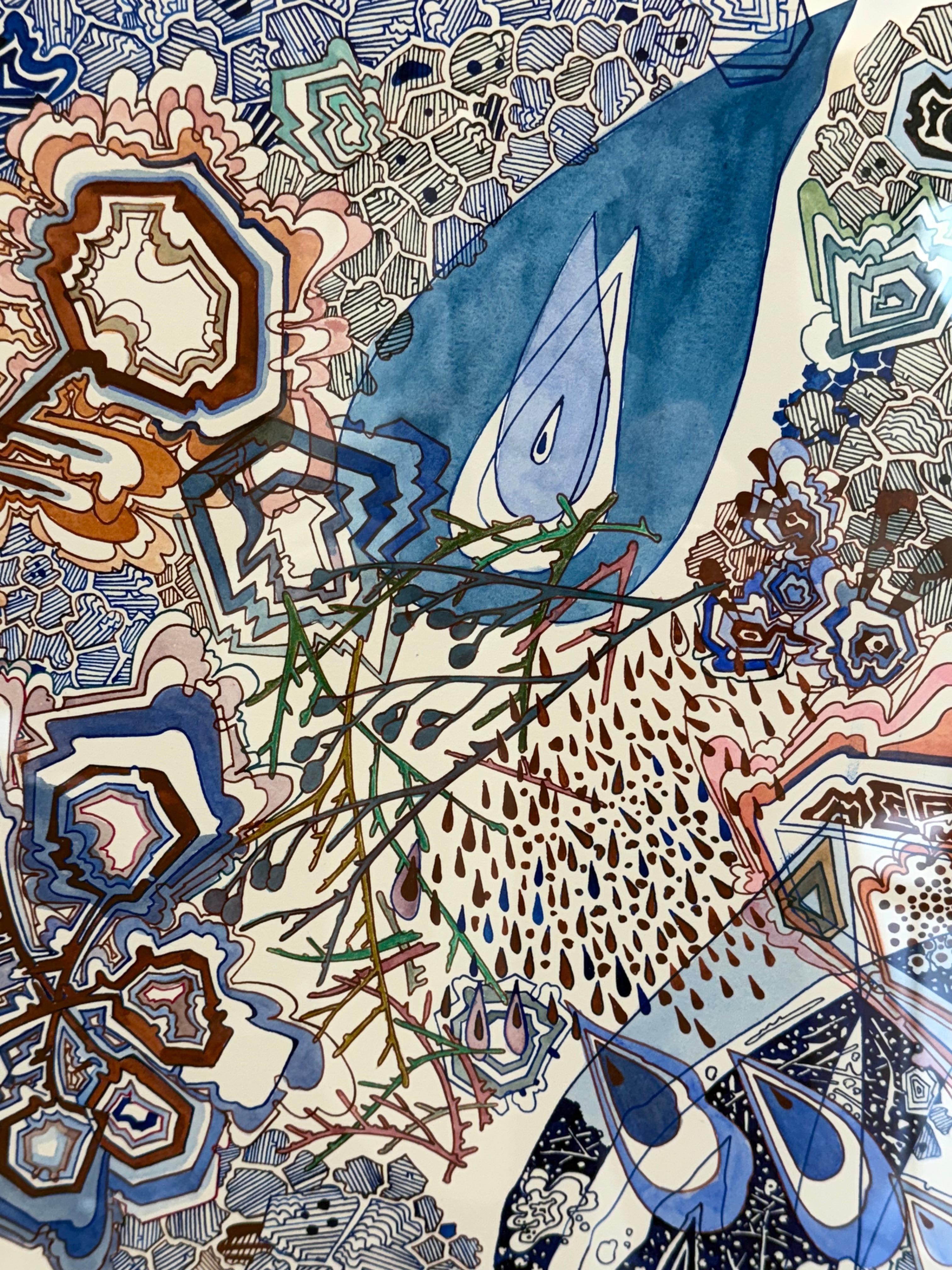 Wow Woah - Abstract Pattern Drawing Shaped Paper Blue Branches Droplets, 2024 For Sale 7