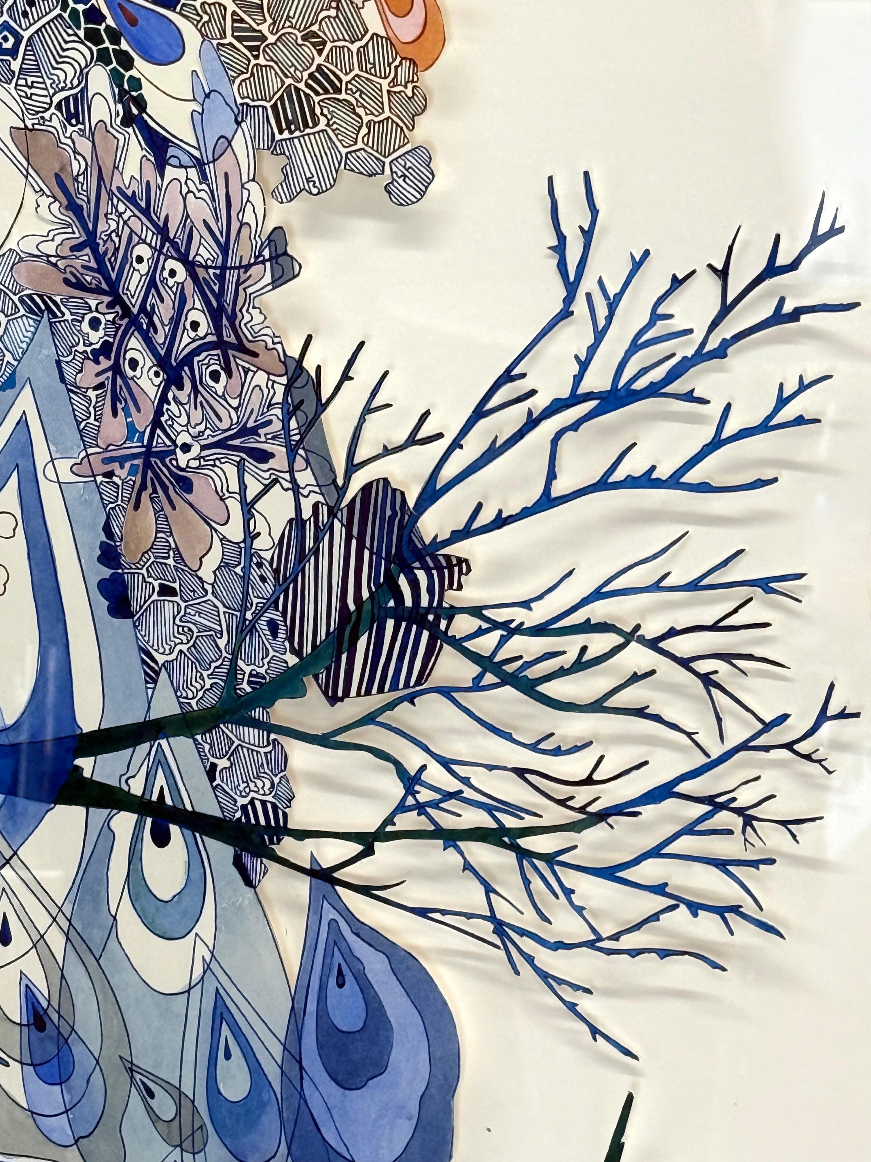 In this meticulously detailed contemporary drawing in ink, watercolor, graphite and colored pencil on two pieces of cut paper, carefully drawn dots and lines in shades of blue with pink and dark red compose an intricate composition inspired by