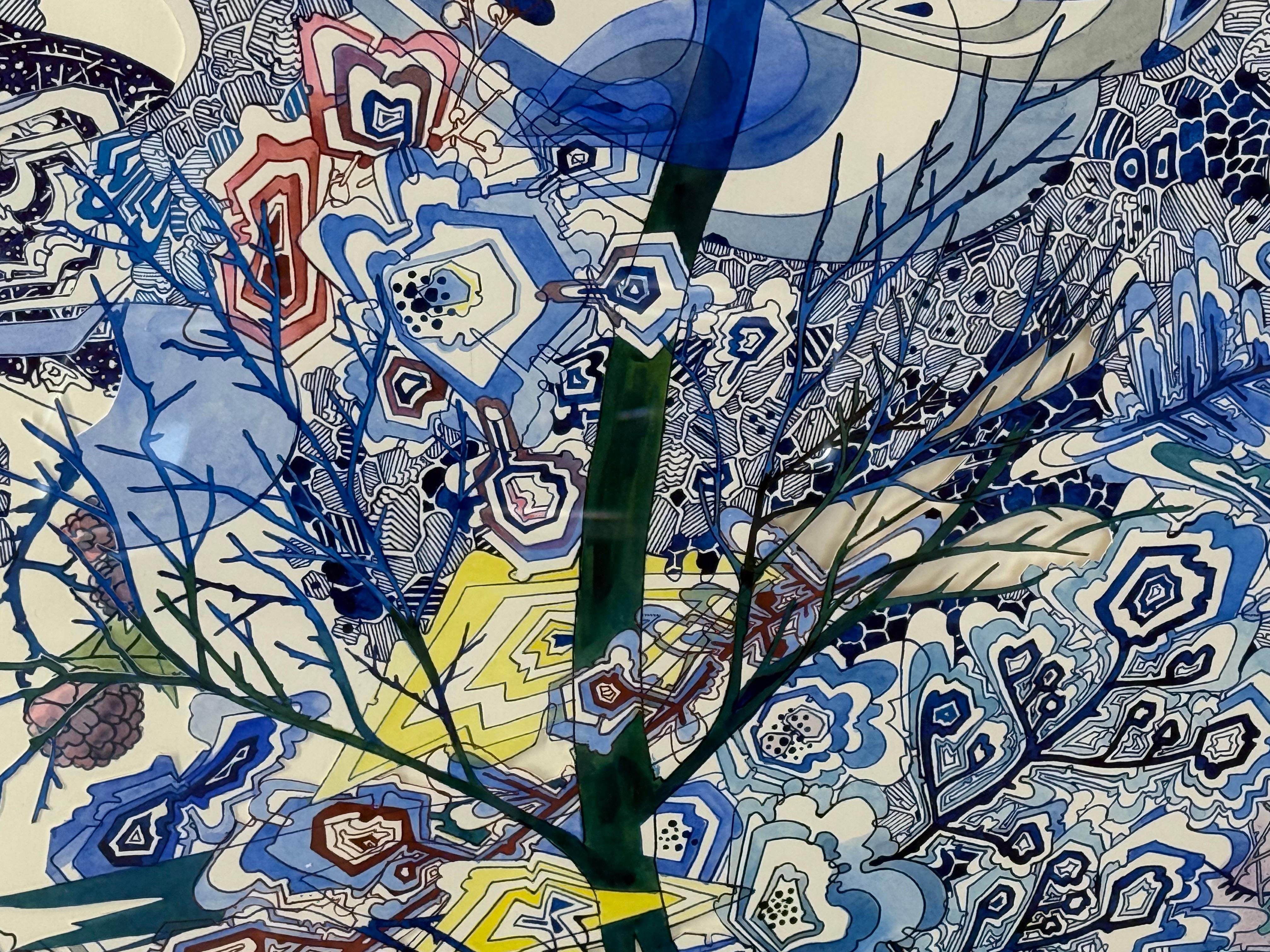 Wow Woah - Abstract Pattern Drawing Shaped Paper Blue Branches Droplets, 2024 For Sale 1
