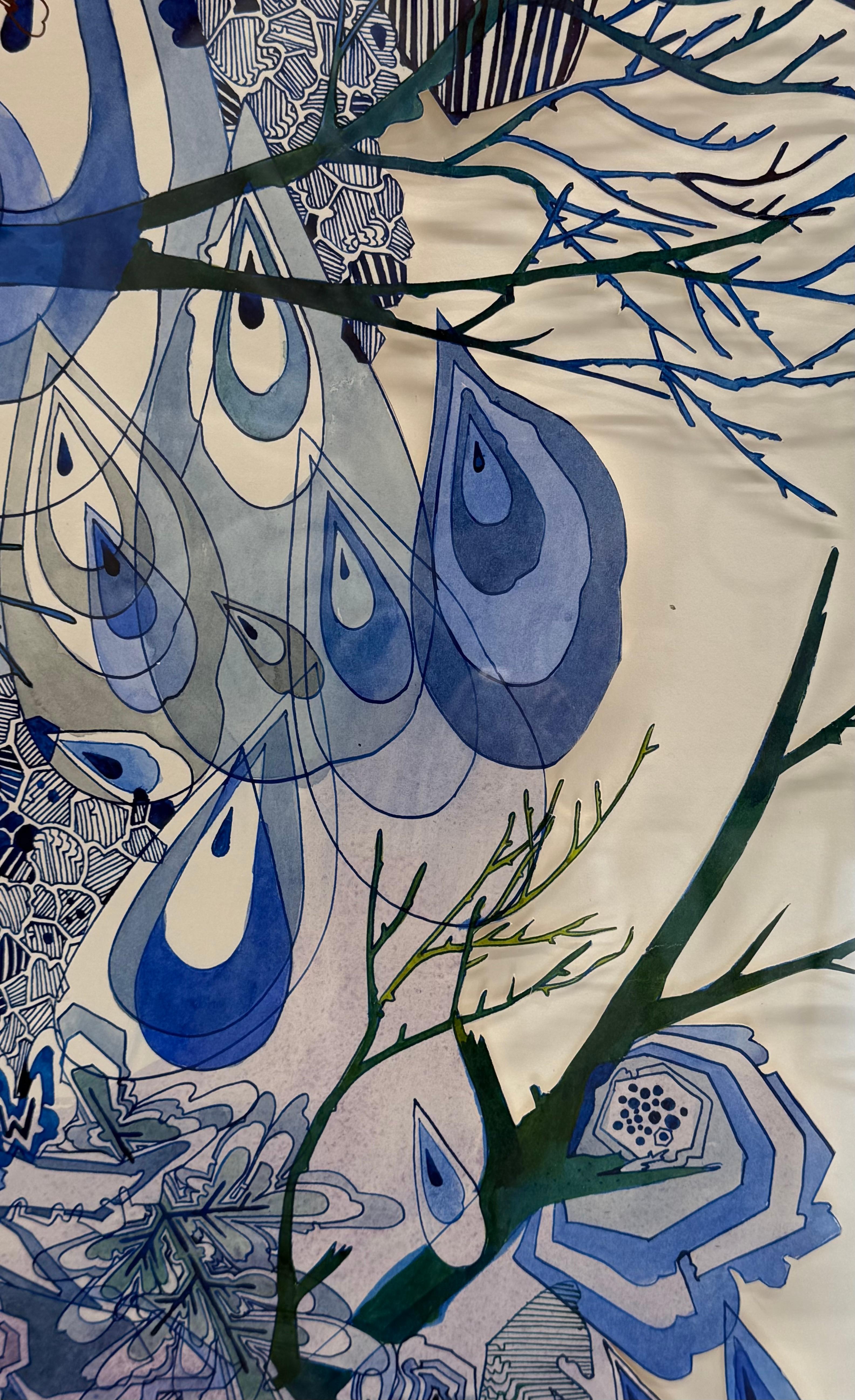 Wow Woah - Abstract Pattern Drawing Shaped Paper Blue Branches Droplets, 2024 For Sale 10