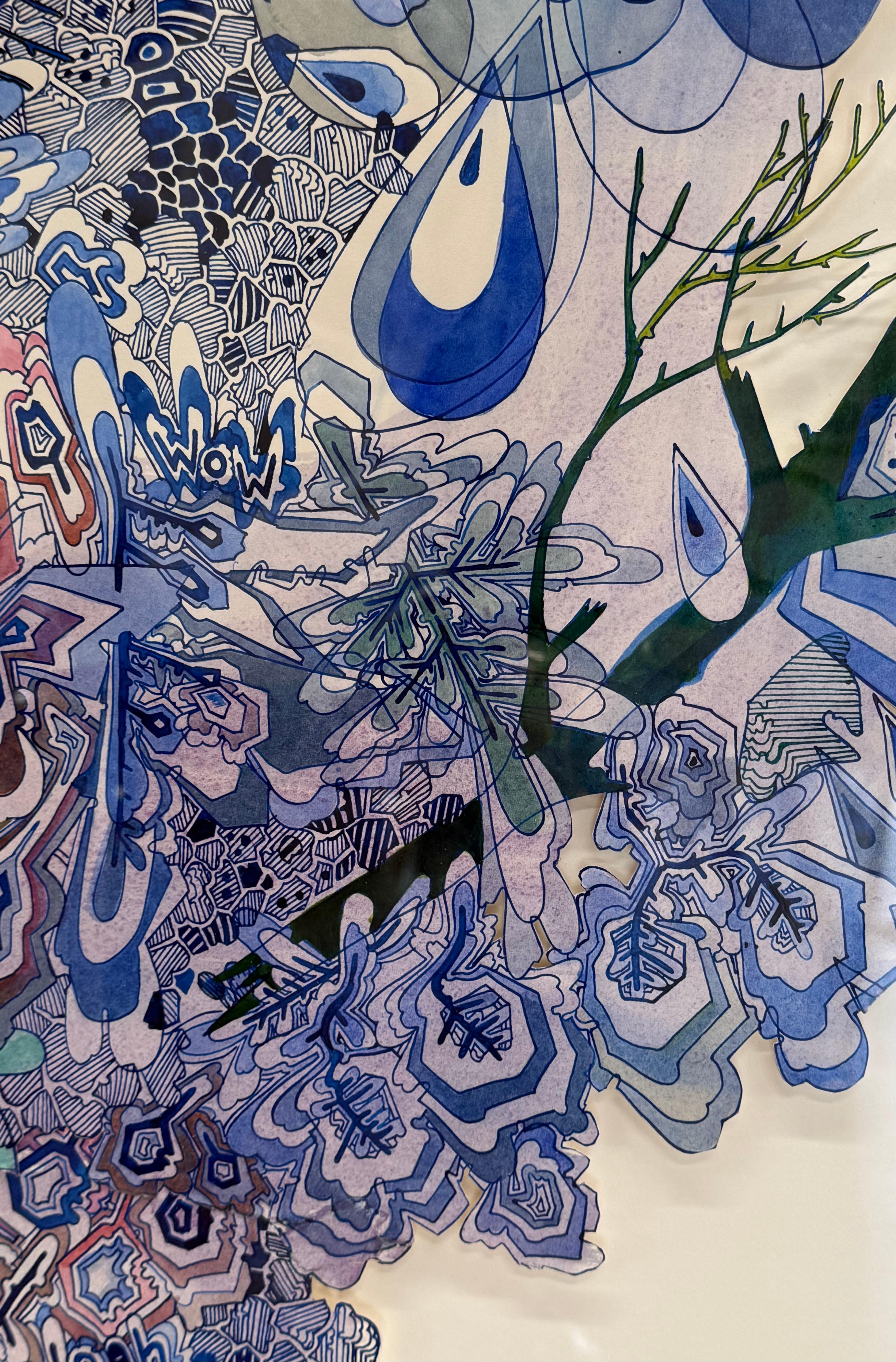 Wow Woah - Abstract Pattern Drawing Shaped Paper Blue Branches Droplets, 2024 For Sale 11