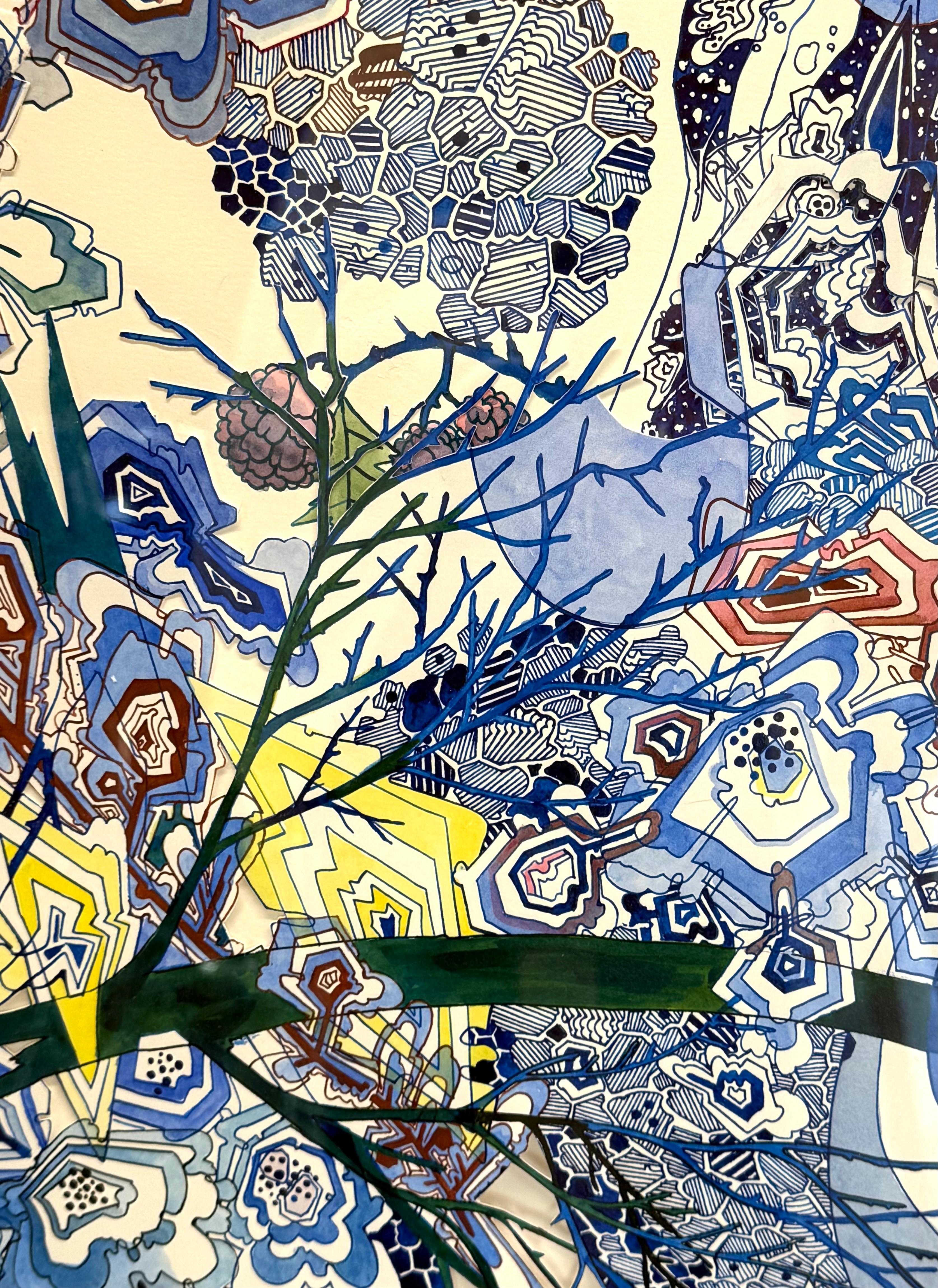 Wow Woah - Abstract Pattern Drawing Shaped Paper Blue Branches Droplets, 2024 For Sale 8