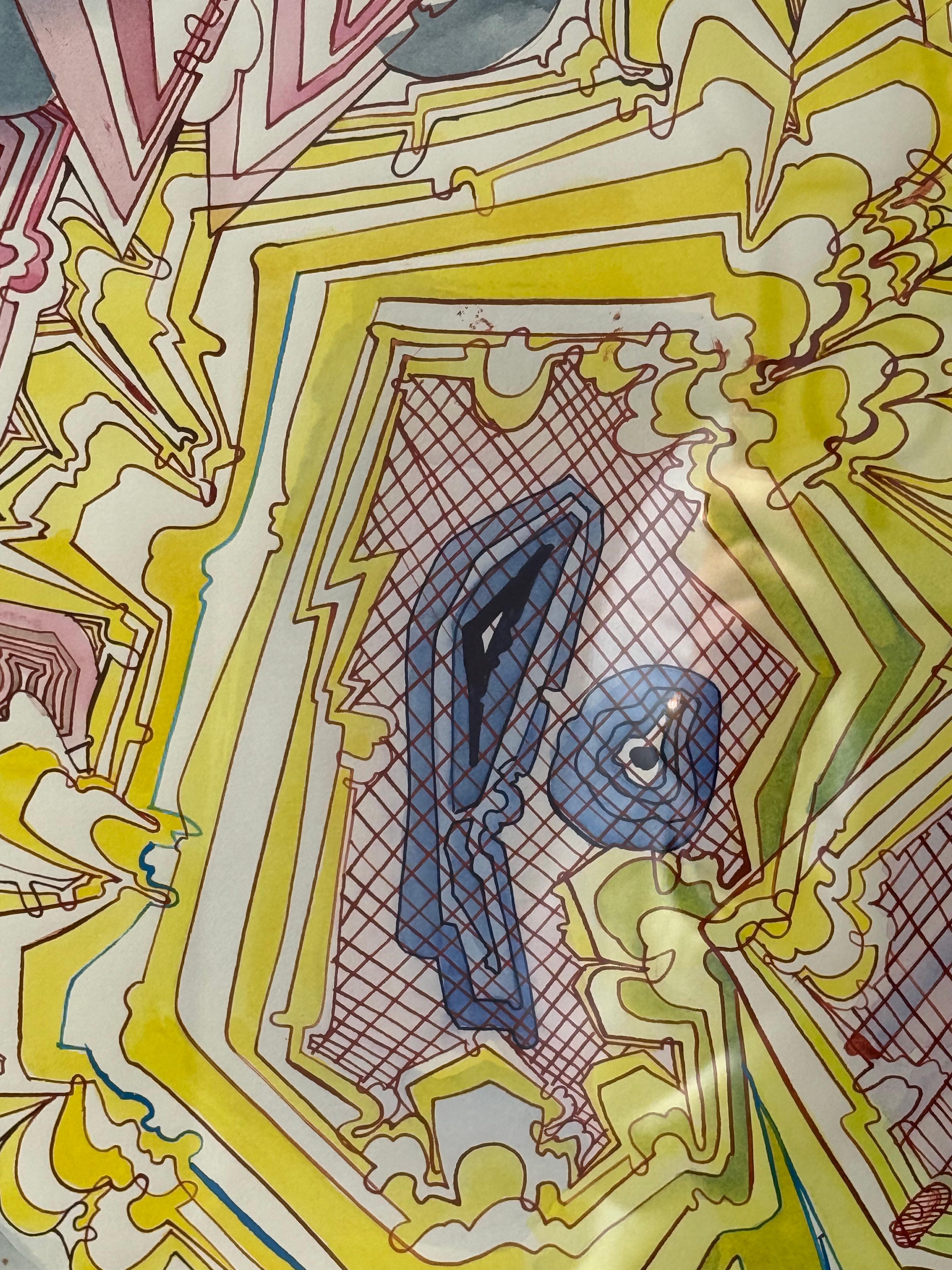Absorb Starlight - Abstract Pattern Drawing Yellow Blue Brown Branches, 2024 - Beige Abstract Drawing by Sarah Morejohn
