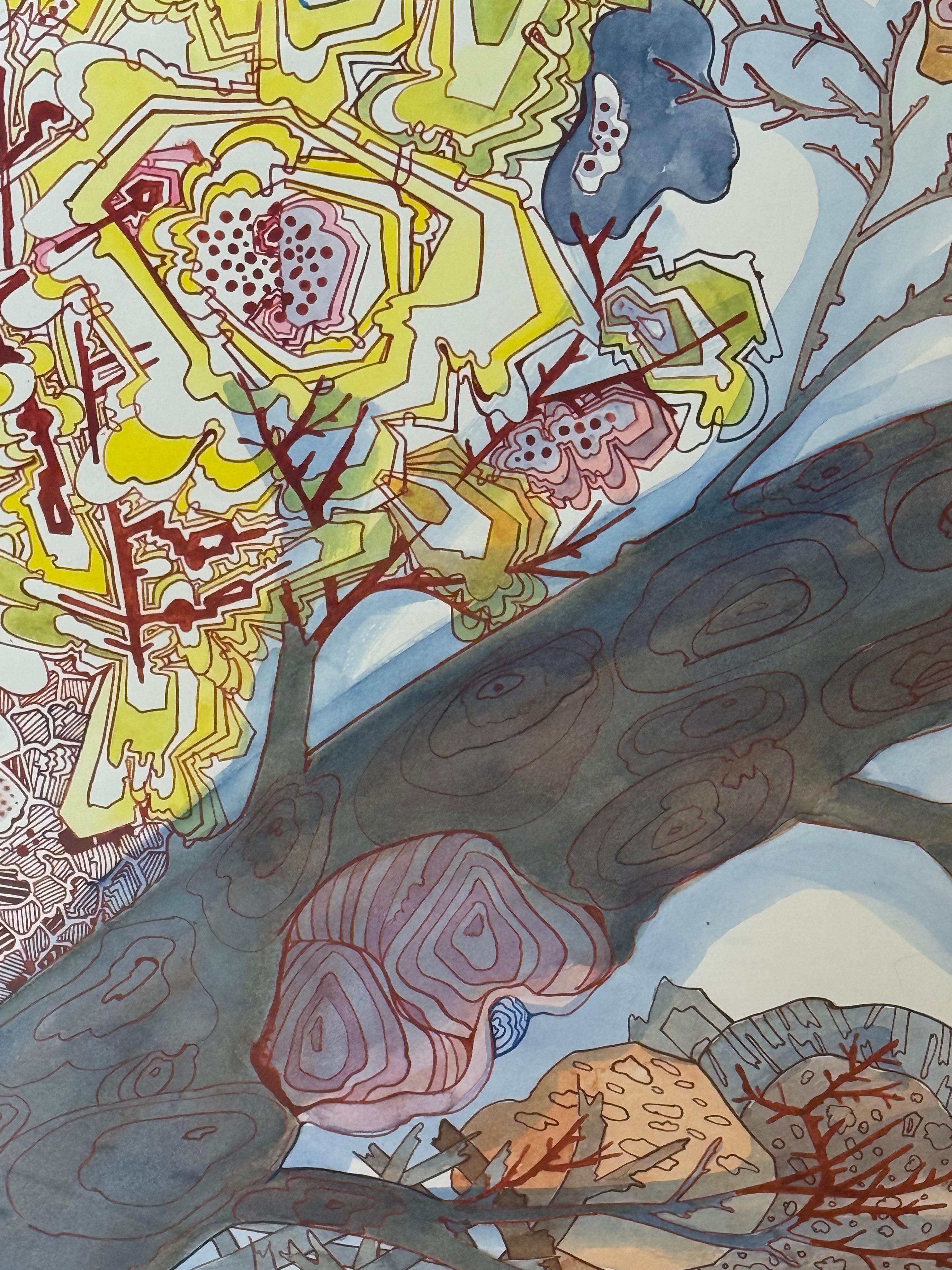 In this meticulously detailed contemporary drawing in ink and watercolor on paper, carefully drawn dots and lines in yellow with violet blue, red and dark brown create an intricate composition inspired by patterns in nature. 

28.25 x 21 inches