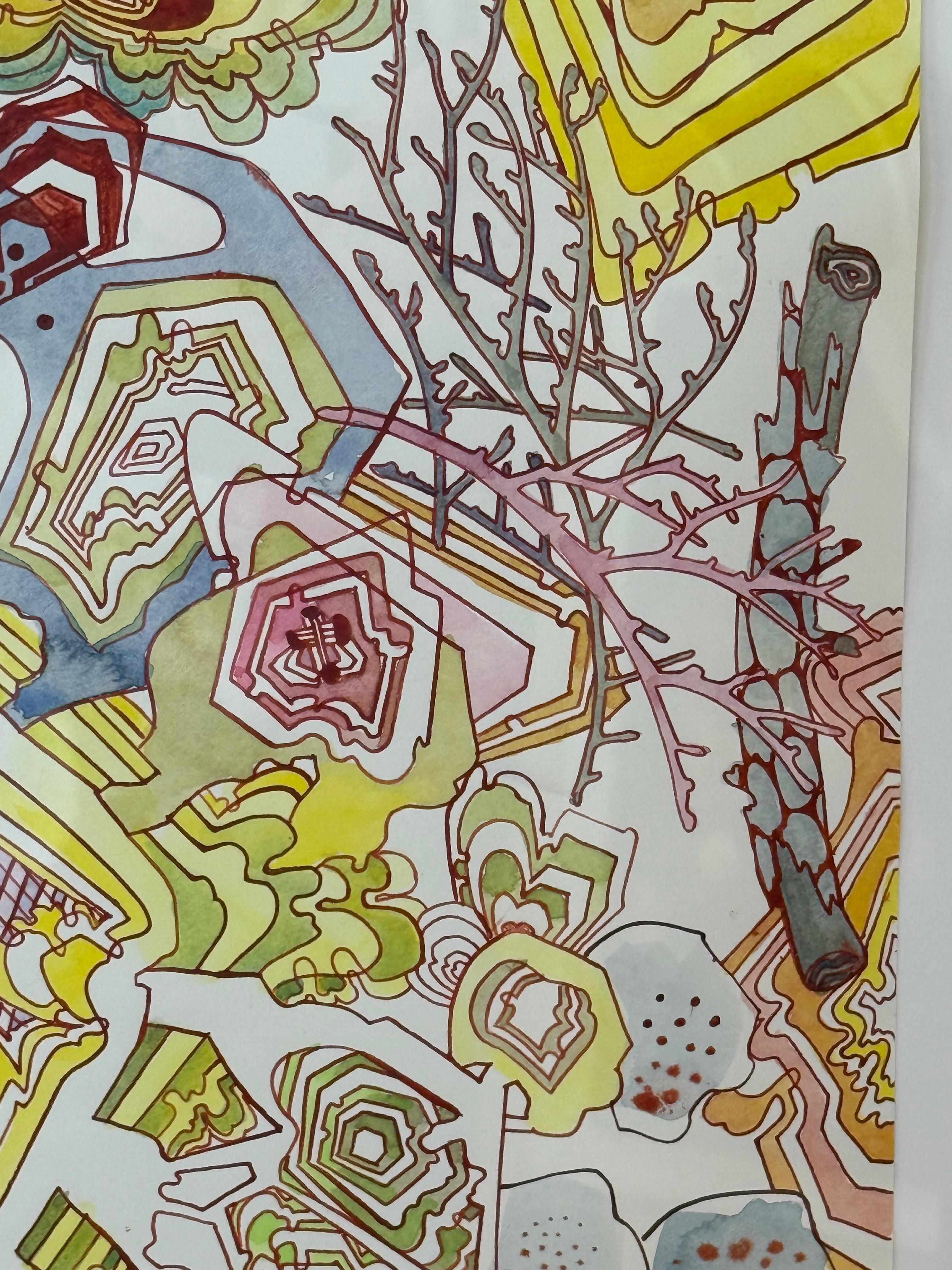 Absorb Starlight - Abstract Pattern Drawing Yellow Blue Brown Branches, 2024 For Sale 2