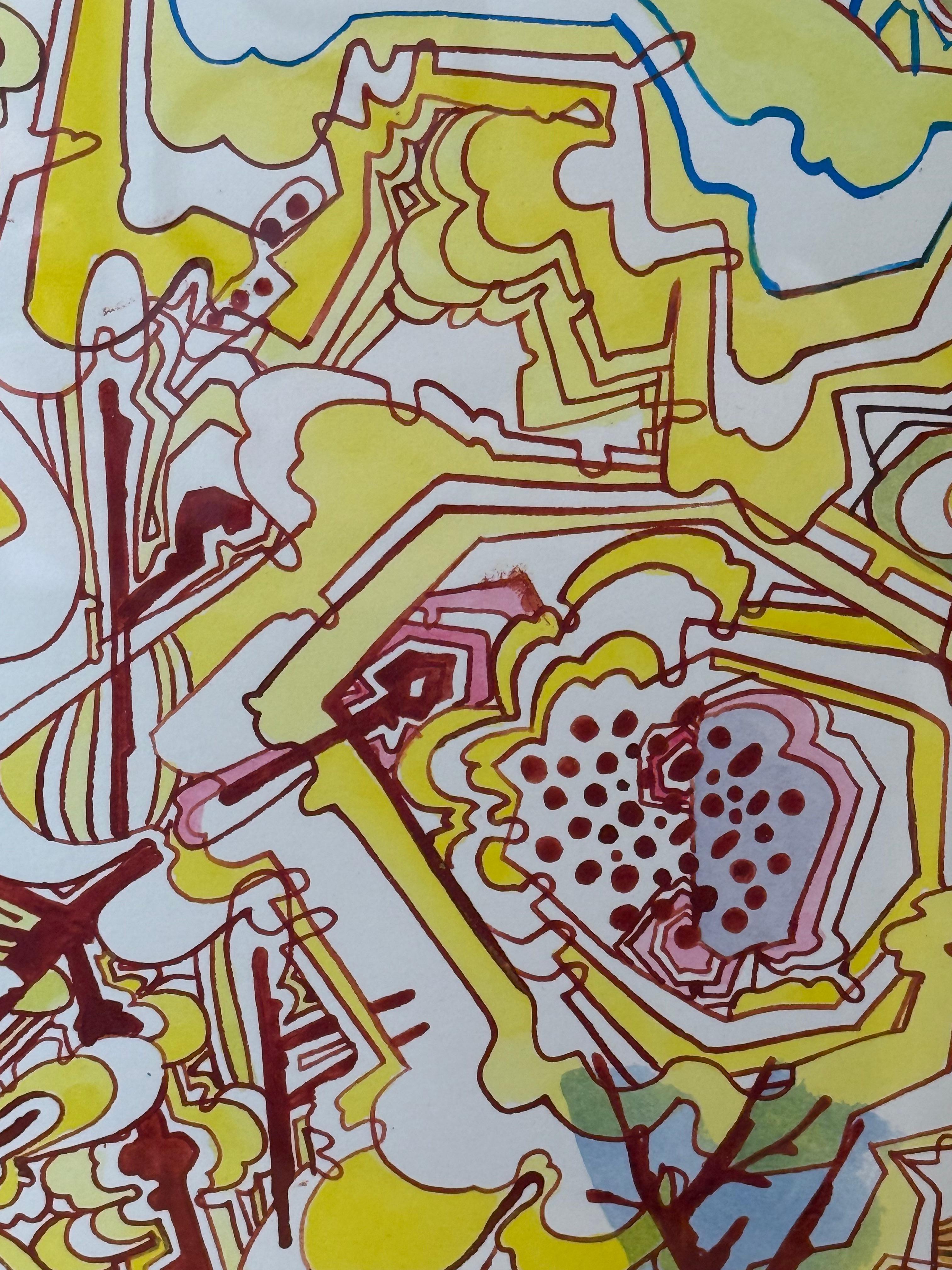 Absorb Starlight - Abstract Pattern Drawing Yellow Blue Brown Branches, 2024 For Sale 4