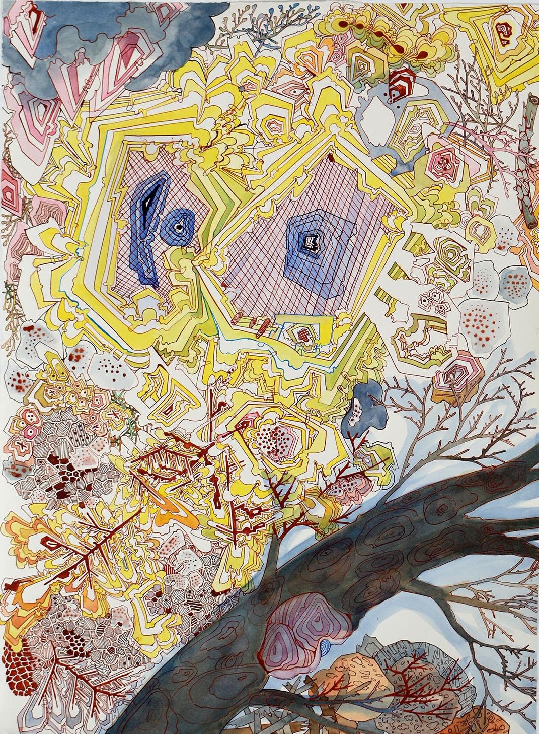 Absorb Starlight - Abstraktes Muster Zeichnung Gelb Blau Braun Branches, 2024