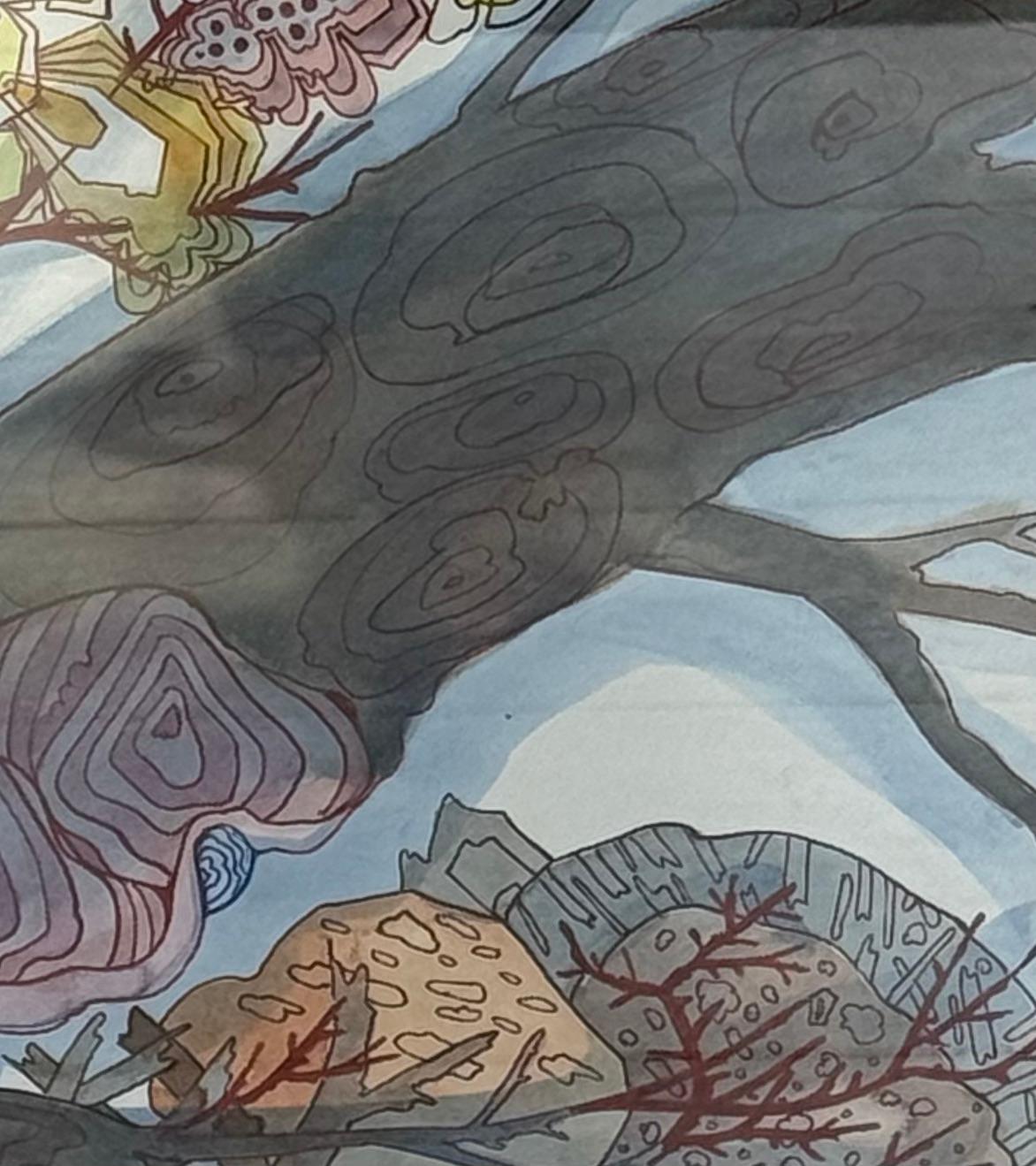 Absorb Starlight - Abstract Pattern Drawing Yellow Blue Brown Branches, 2024 - Contemporary Art by Sarah Morejohn