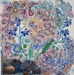 Blue Hound's Tongue - Abstract Pattern Drawing Violet Flowers Green Leaves, 2024
