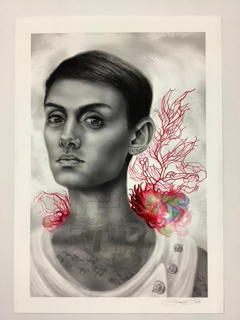 Red Bird Reef - Strong Woman Portrait NYC Subway Map Roter Korallenreef, 2017 (Zeitgenössisch), Art, von Francine Fox