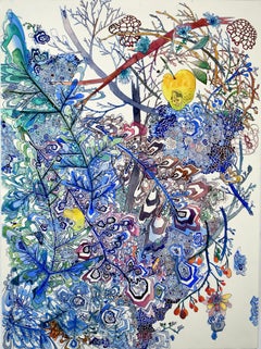 Apple in the Windfall - Abstract Pattern Drawing Yellow Fruit Blue Branches 2024